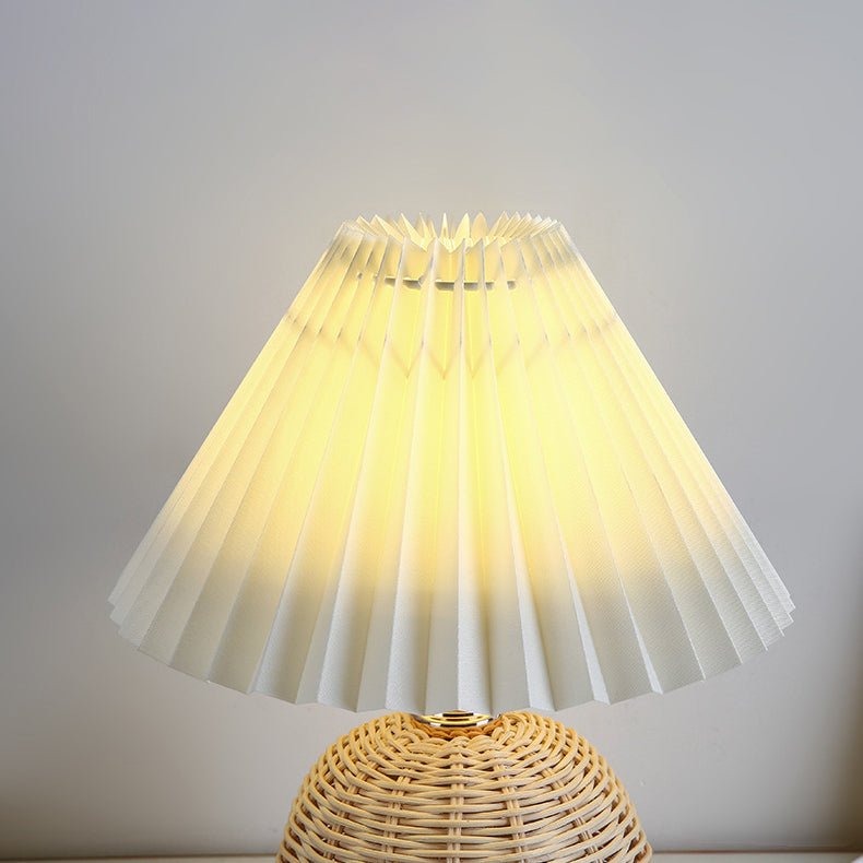 Rattan Table Lamp with Pleated Fabric Shade