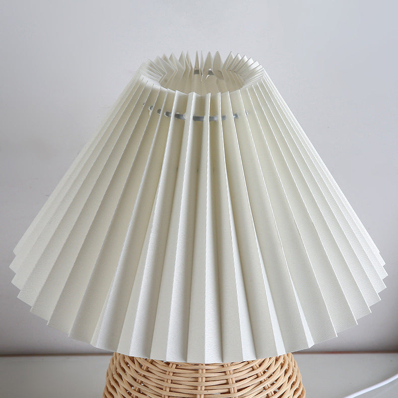 Rattan Table Lamp with Pleated Fabric Shade