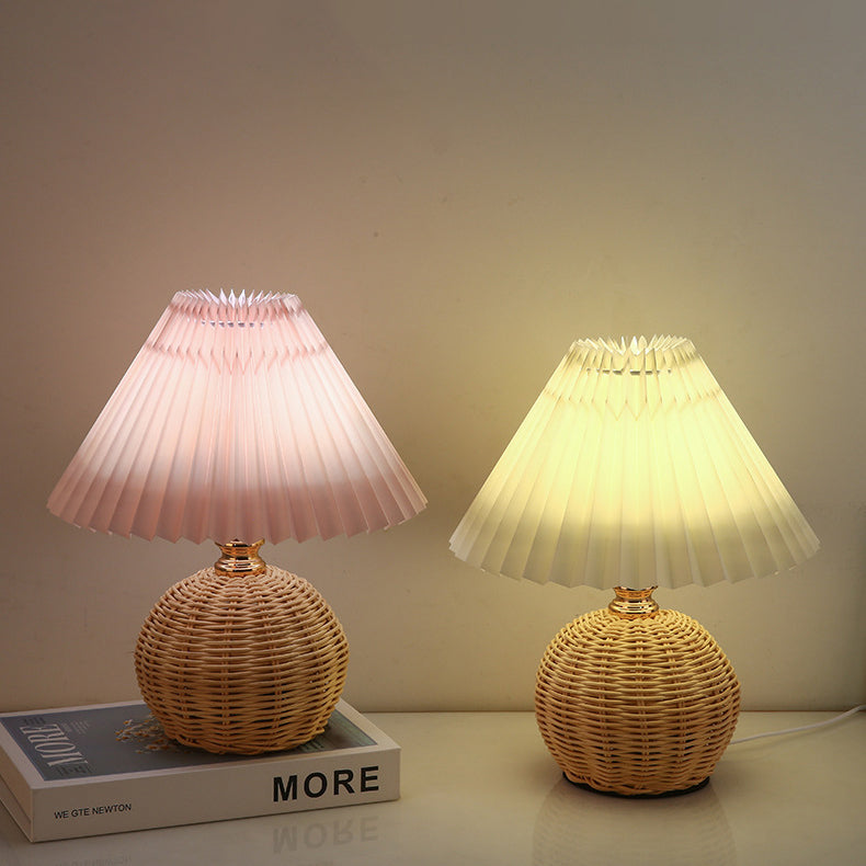 Rattan Table Lamp with Pleated Fabric Shade