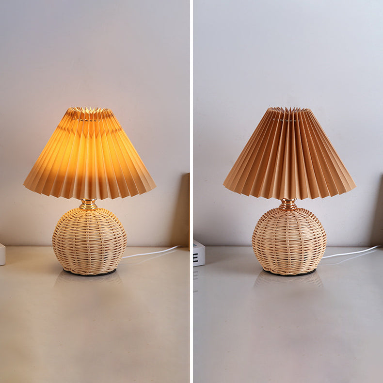 Rattan Table Lamp with Pleated Fabric Shade