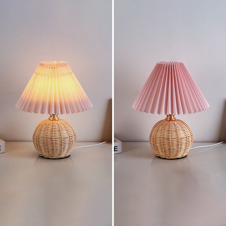 Rattan Table Lamp with Pleated Fabric Shade