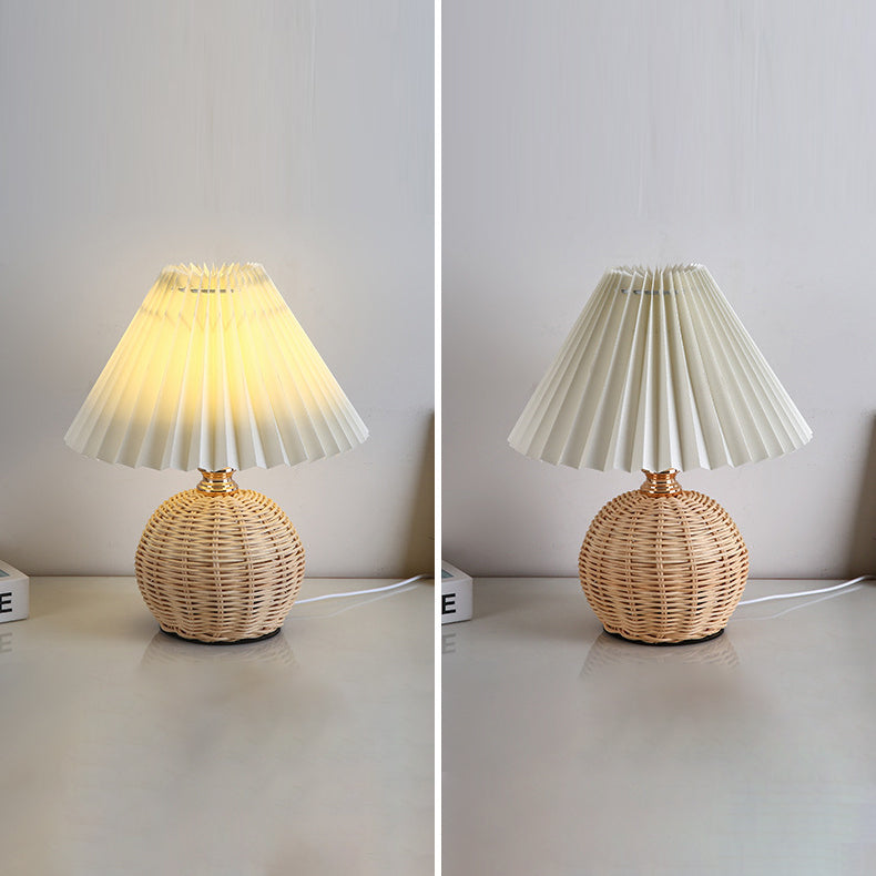 Rattan Table Lamp with Pleated Fabric Shade
