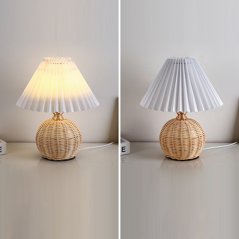 Rattan Table Lamp with Pleated Fabric Shade