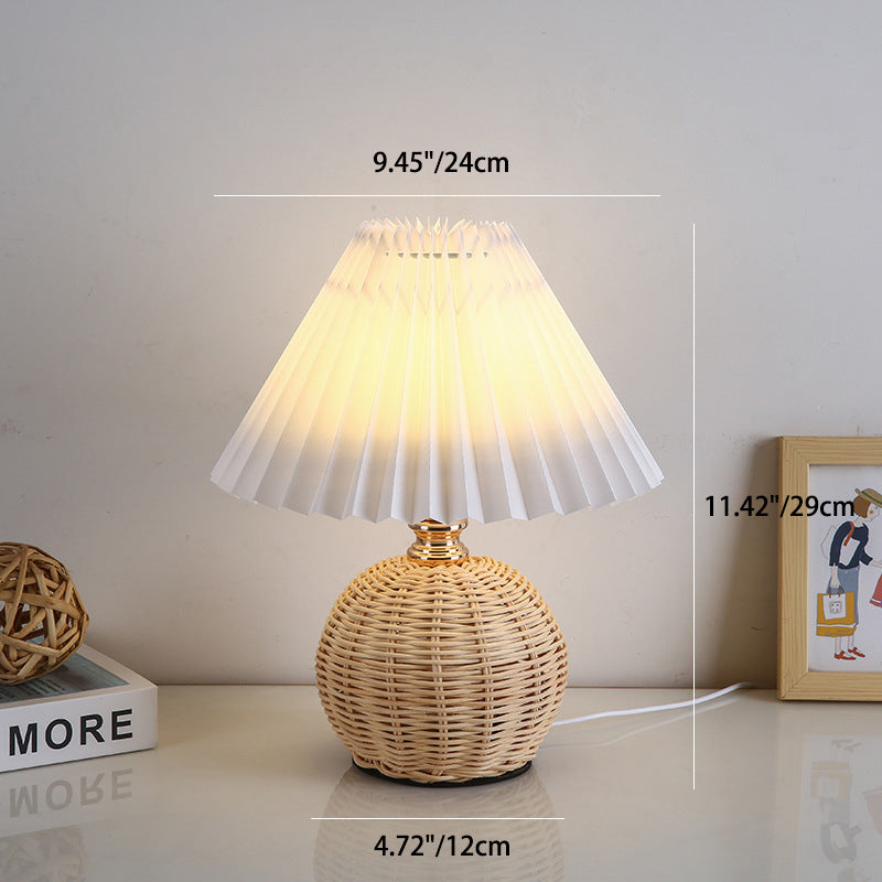 Rattan Table Lamp with Pleated Fabric Shade