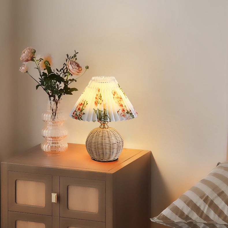 Rattan Table Lamp with Pleated Fabric Shade