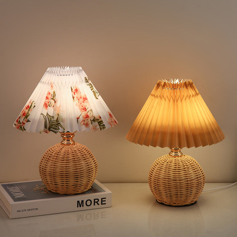 Rattan Table Lamp with Pleated Fabric Shade