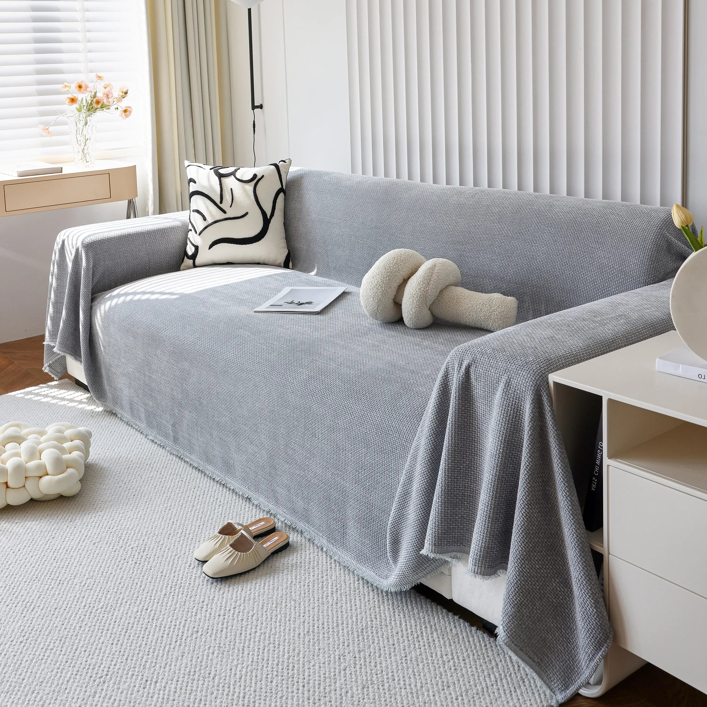 Reversible Chenille Sofa Throw with Fringe