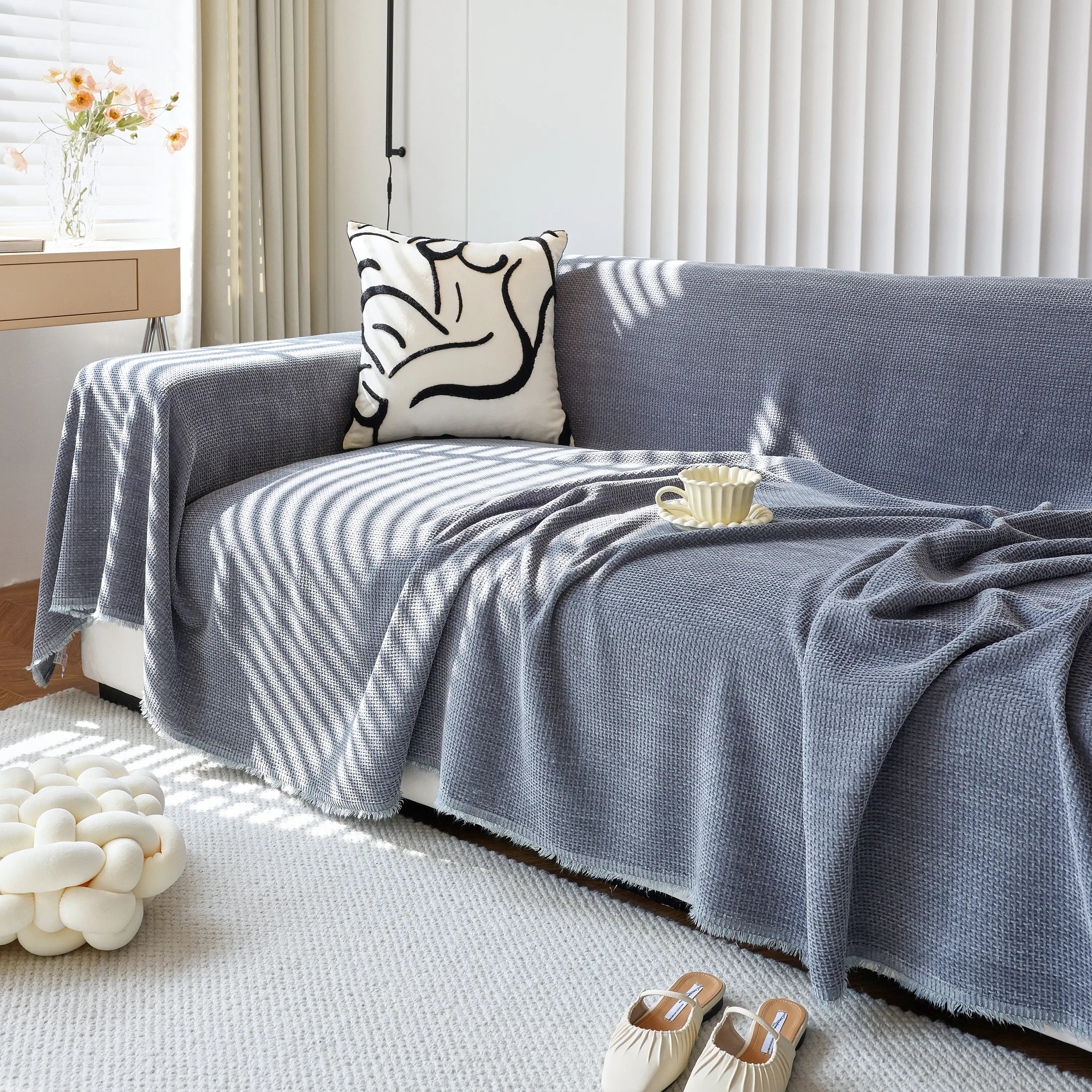 Reversible Chenille Sofa Throw with Fringe