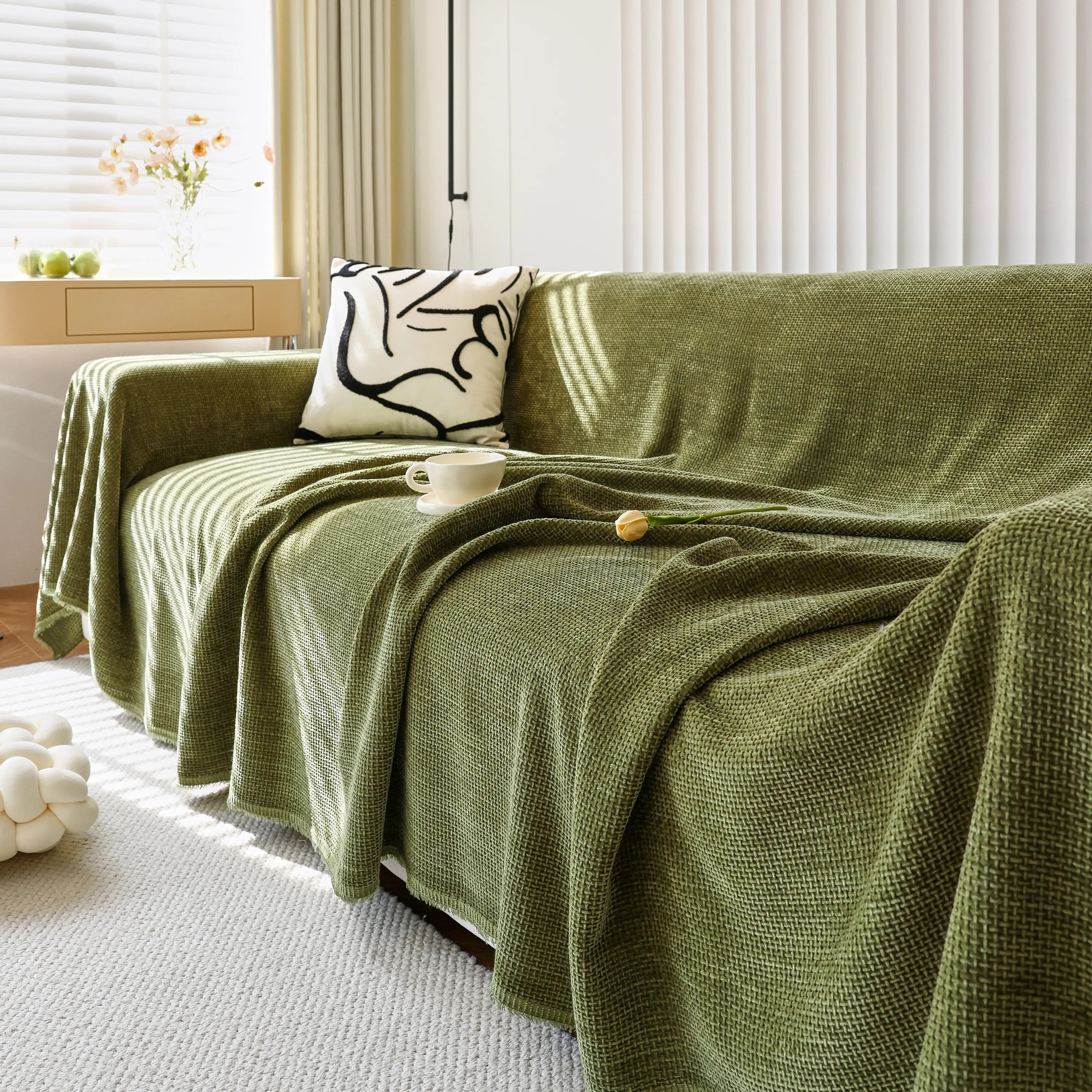Reversible Chenille Sofa Throw with Fringe