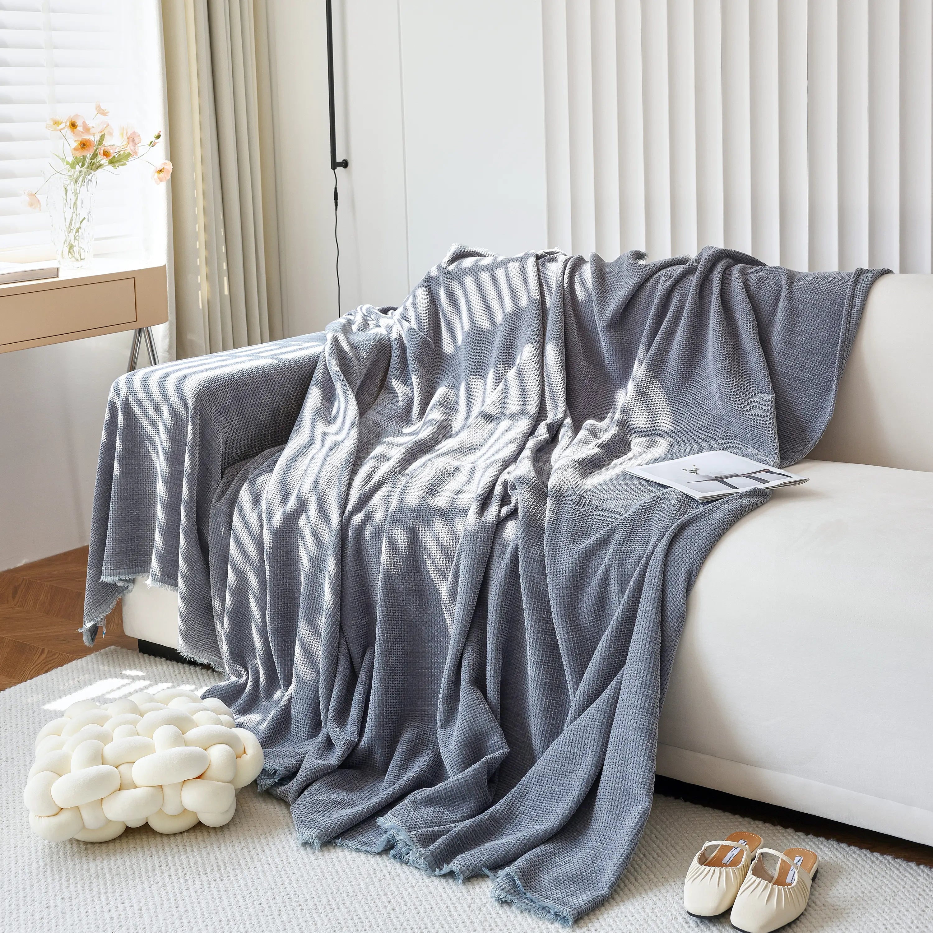Reversible Chenille Sofa Throw with Fringe