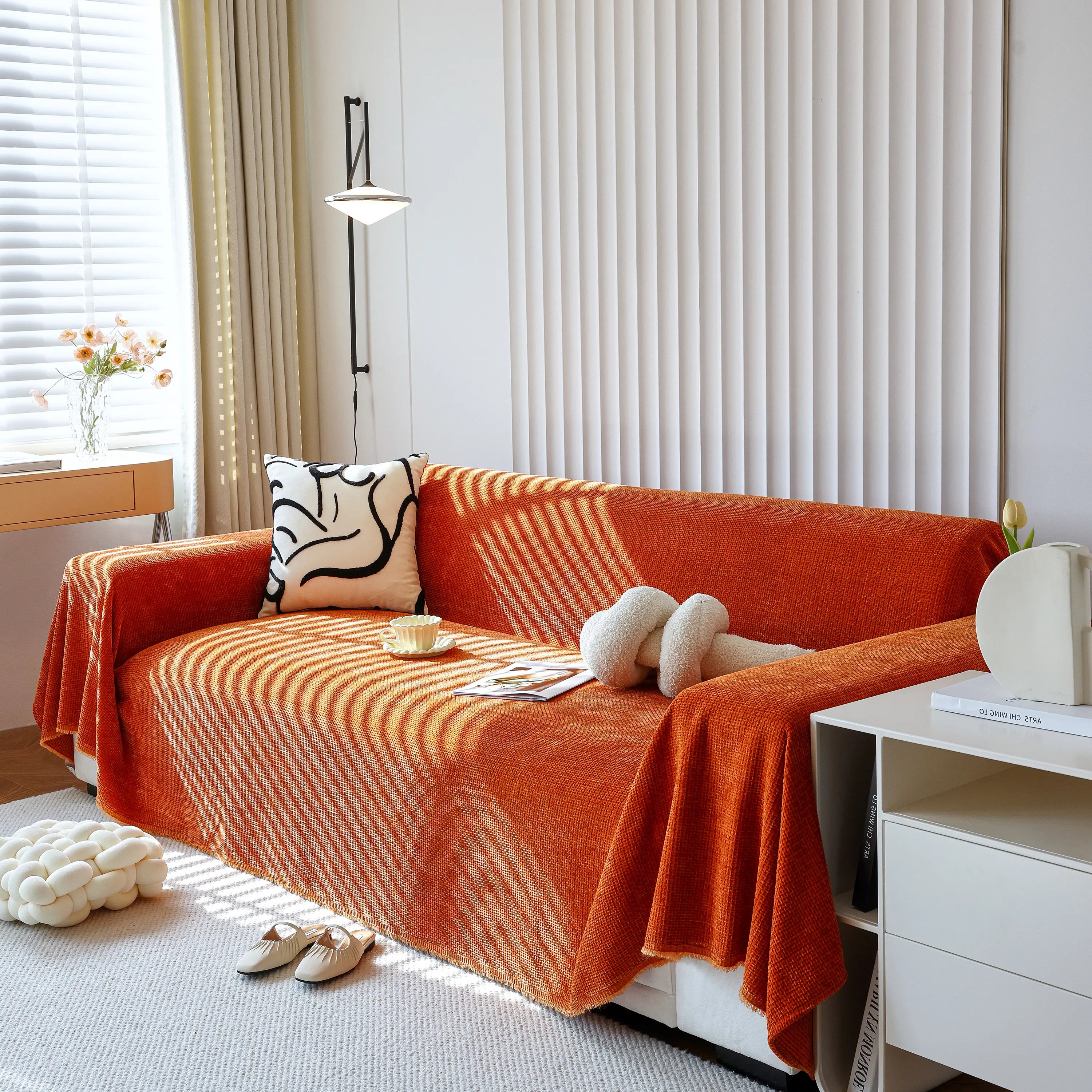 Reversible Chenille Sofa Throw with Fringe
