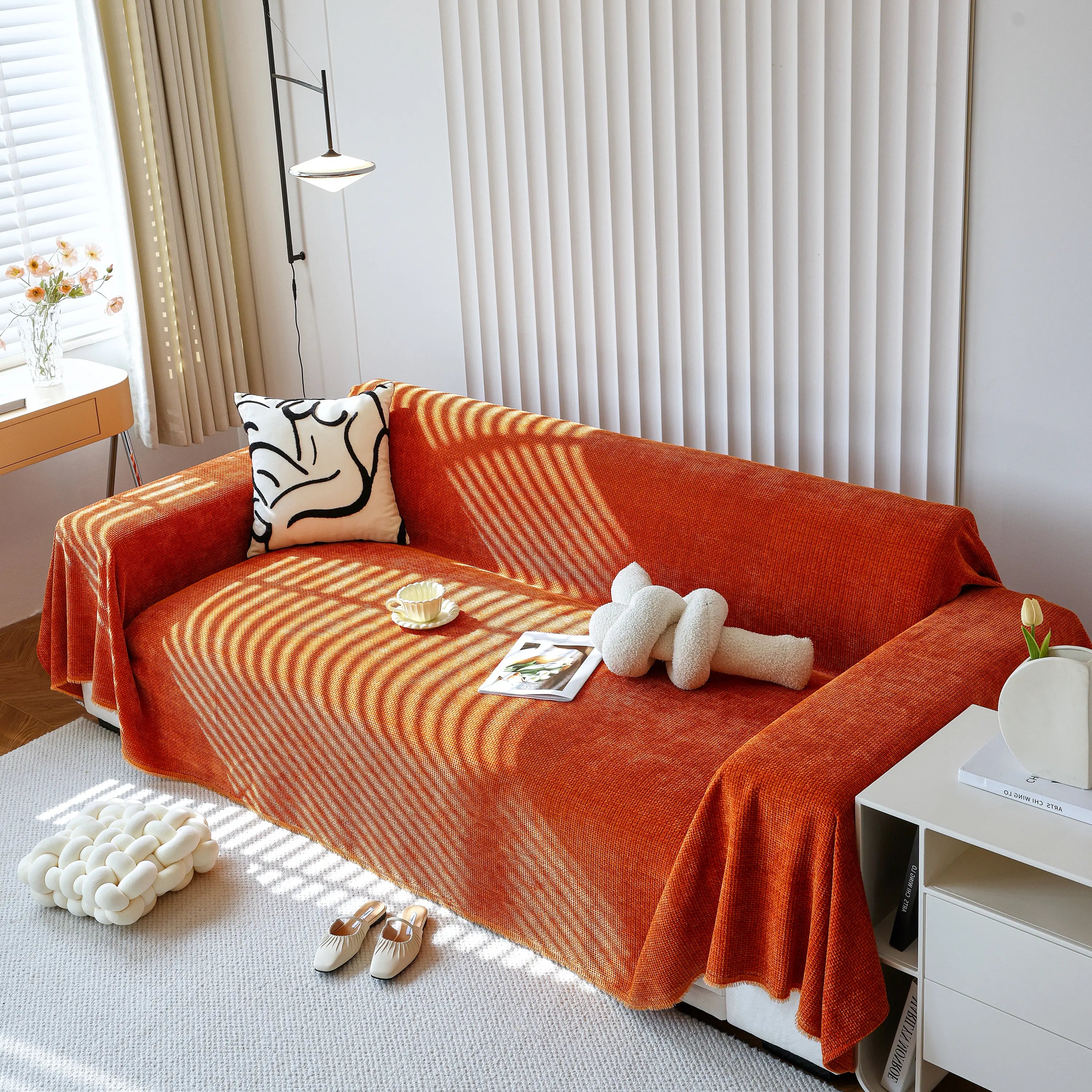 Reversible Chenille Sofa Throw with Fringe
