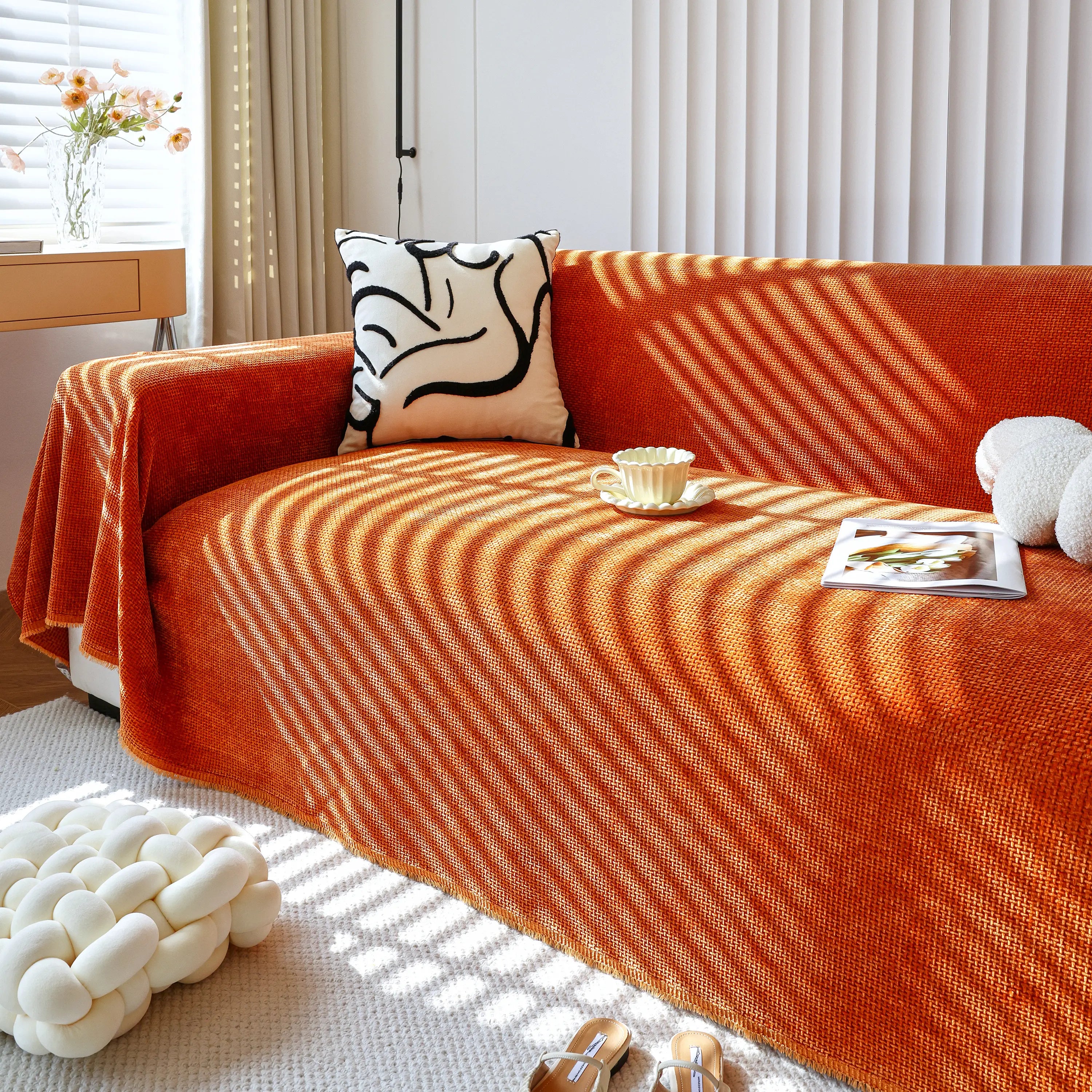 Reversible Chenille Sofa Throw with Fringe