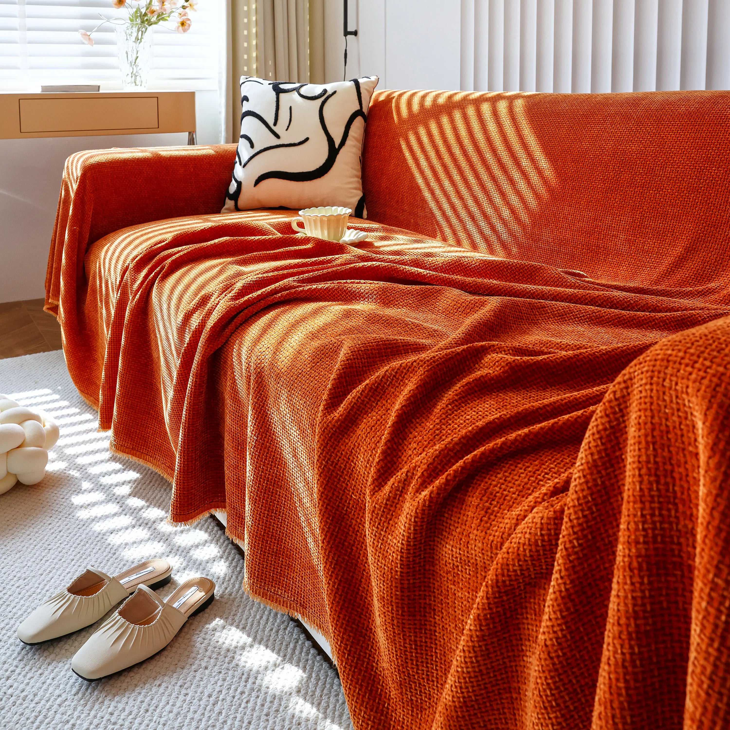 Reversible Chenille Sofa Throw with Fringe