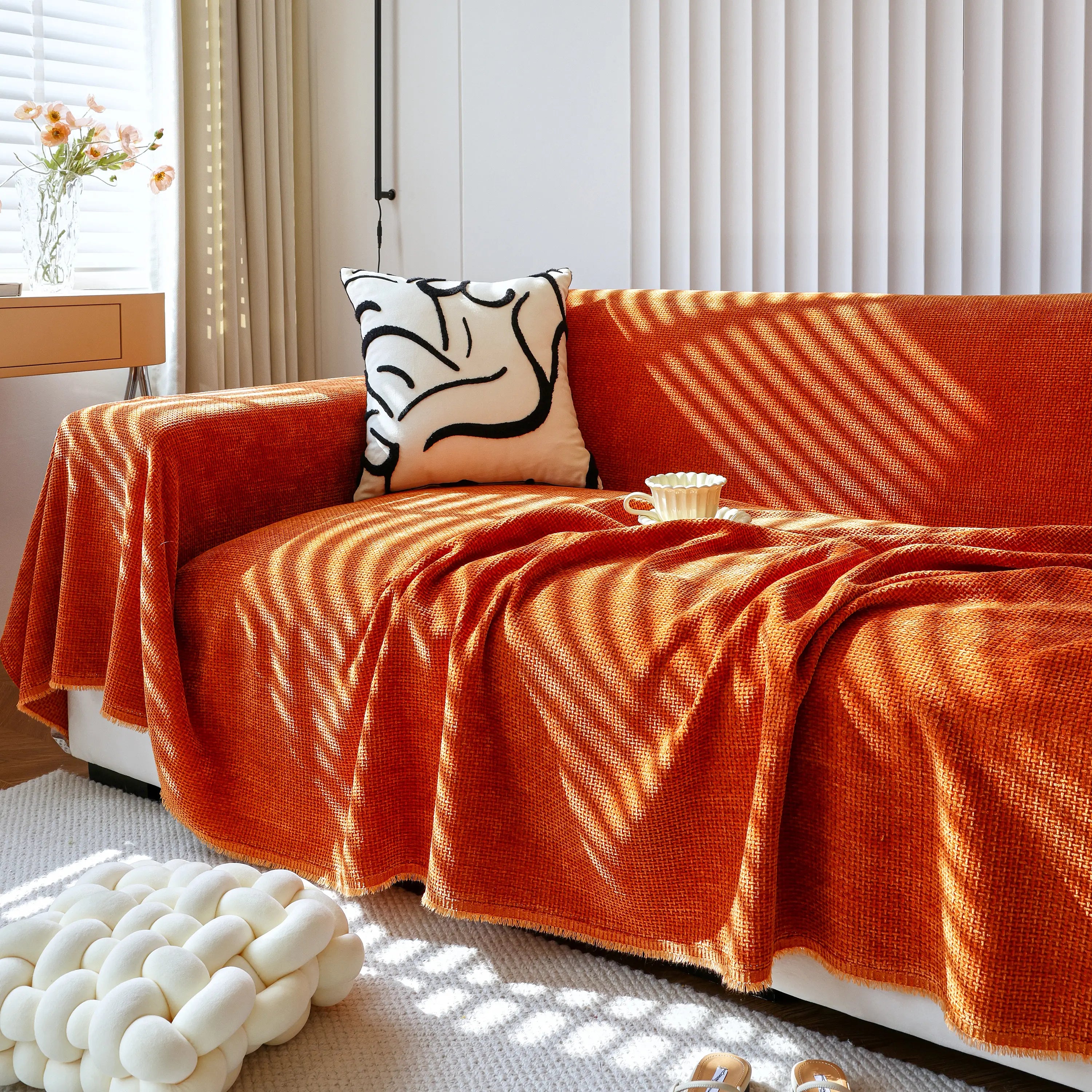 Reversible Chenille Sofa Throw with Fringe