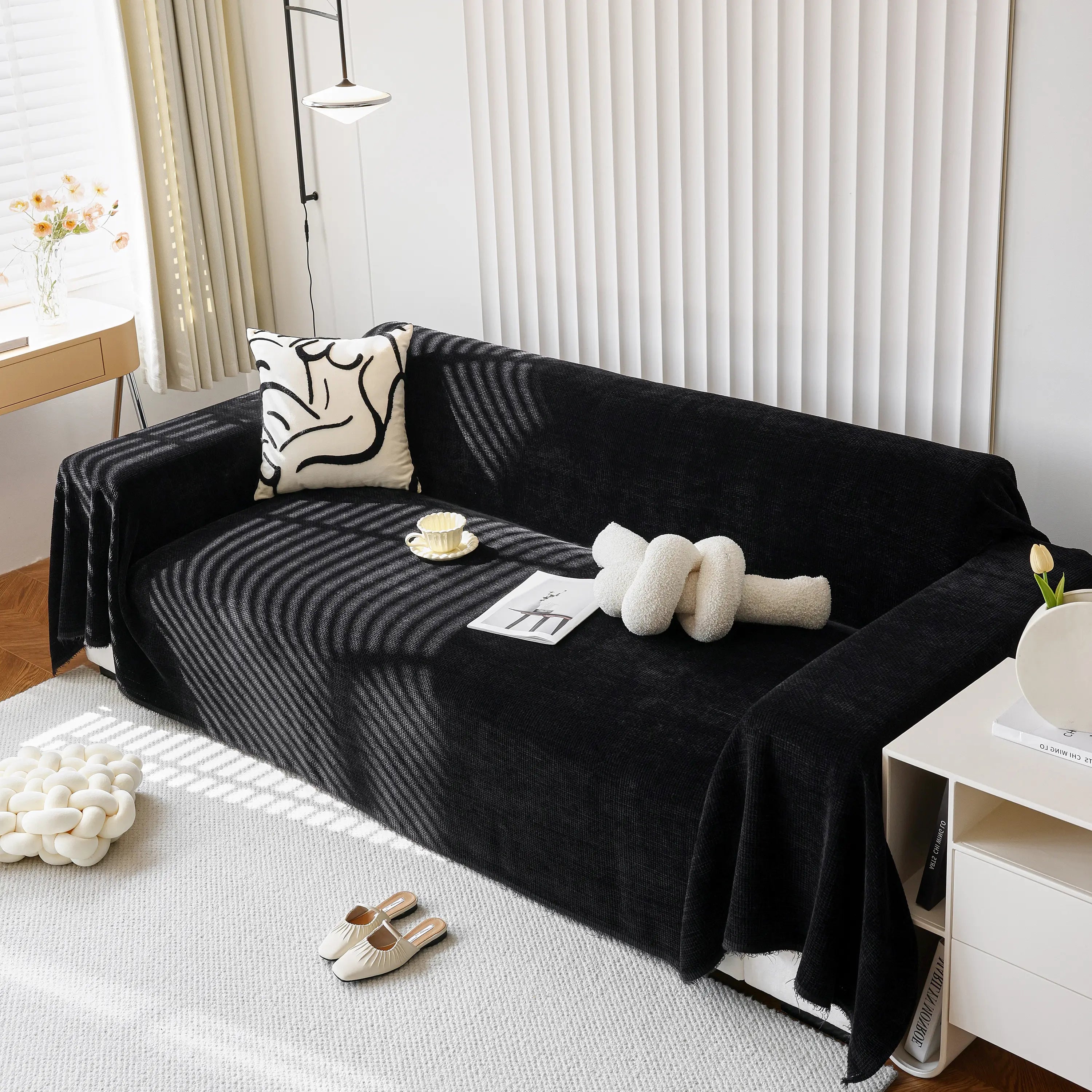 Reversible Chenille Sofa Throw with Fringe