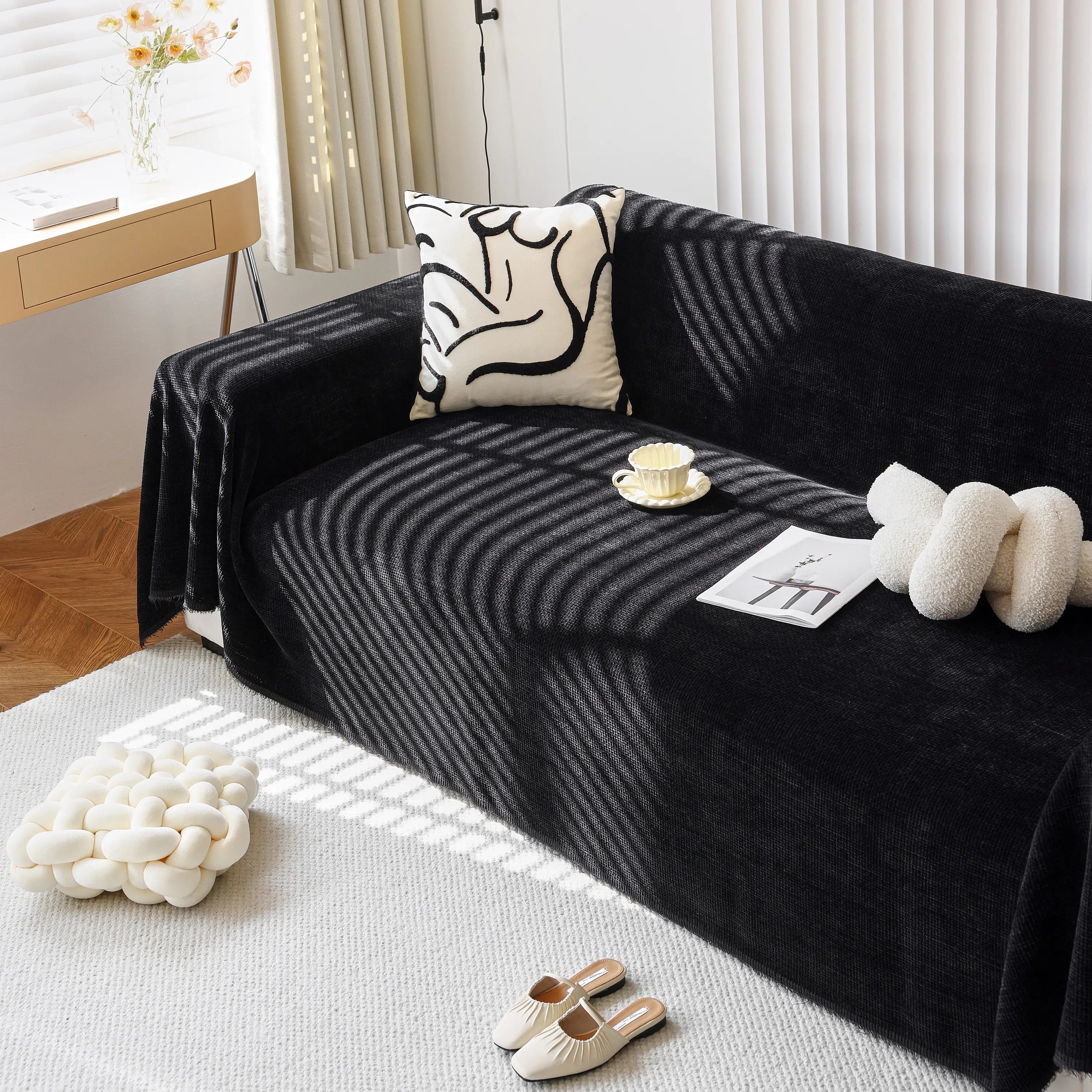 Reversible Chenille Sofa Throw with Fringe