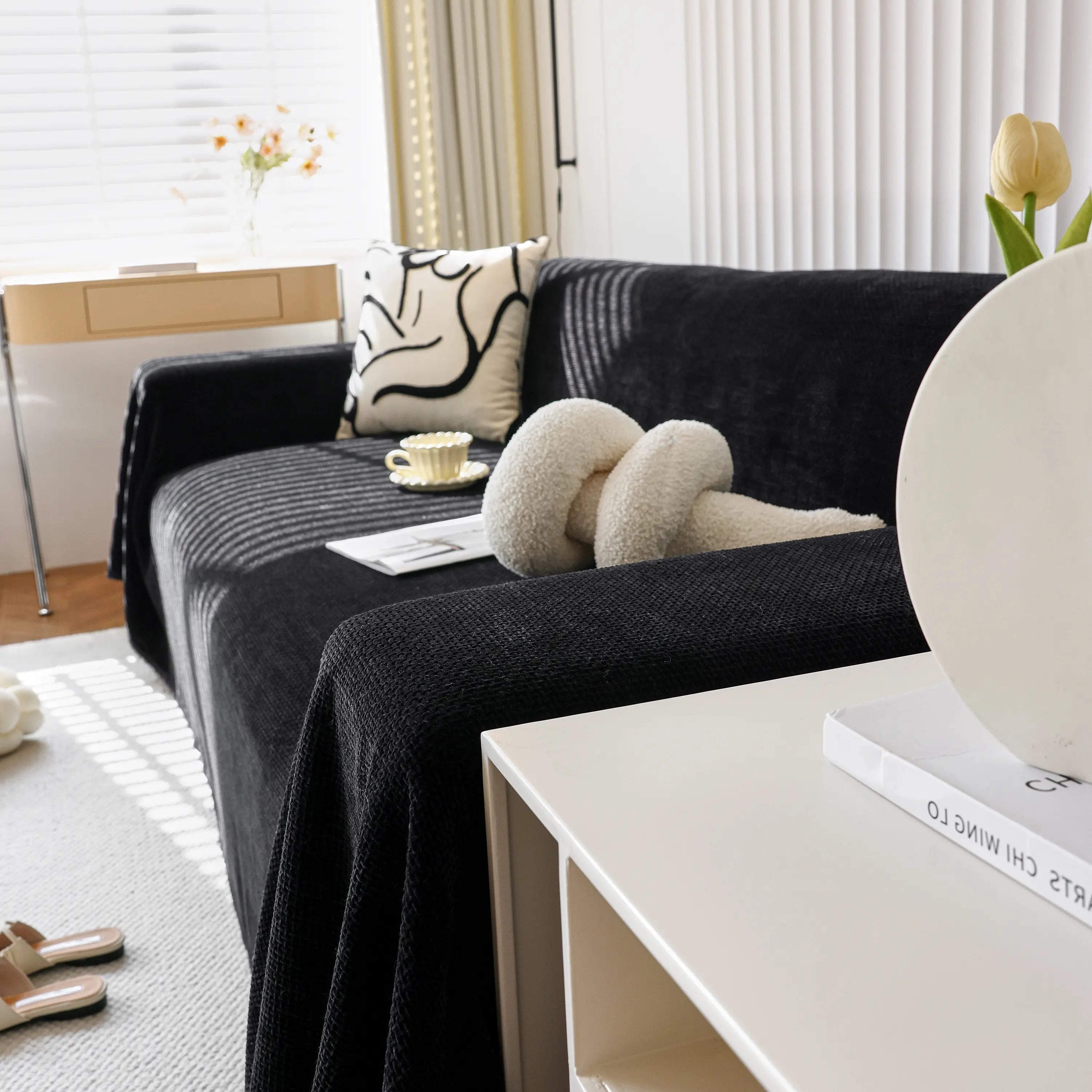 Reversible Chenille Sofa Throw with Fringe