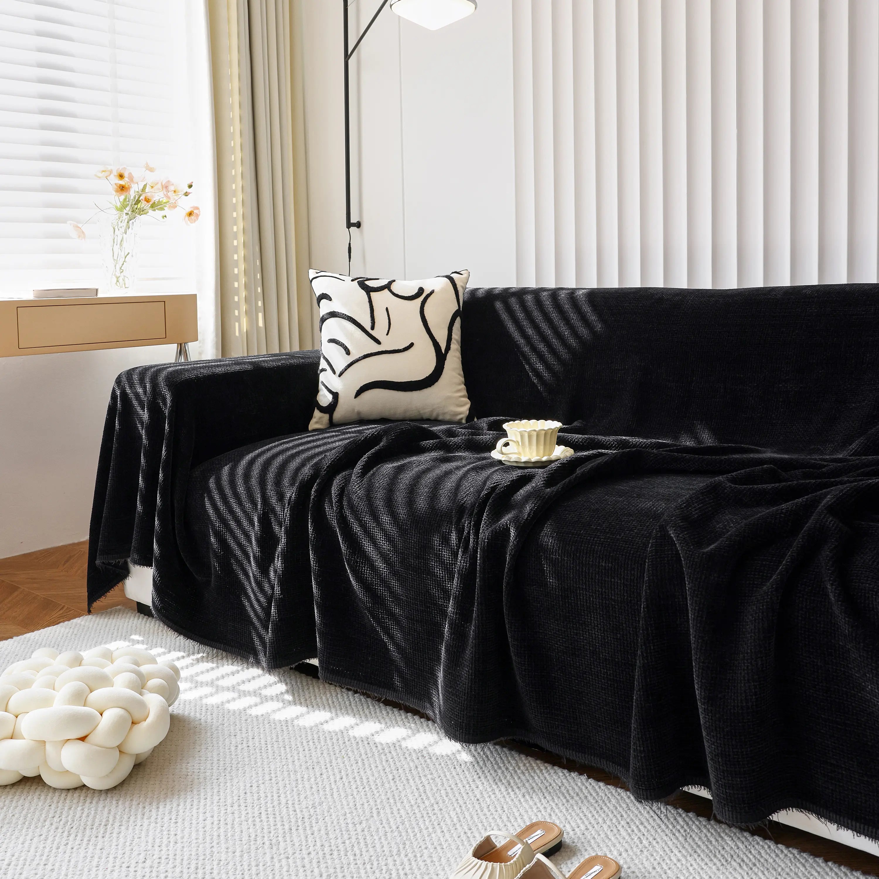 Reversible Chenille Sofa Throw with Fringe