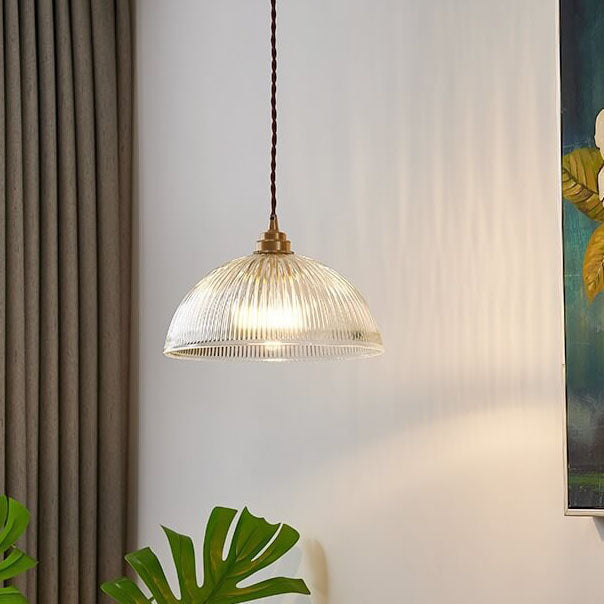 Ribbed Glass Dome Pendant with Brass Fitter
