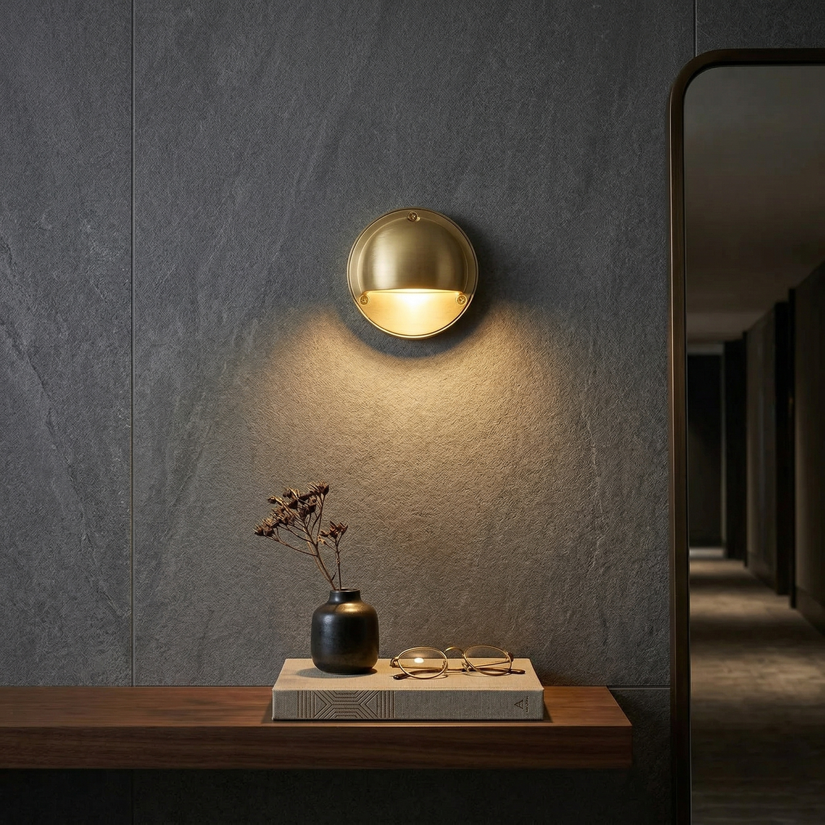 Round Brass Wall Sconce with Shielded Glow