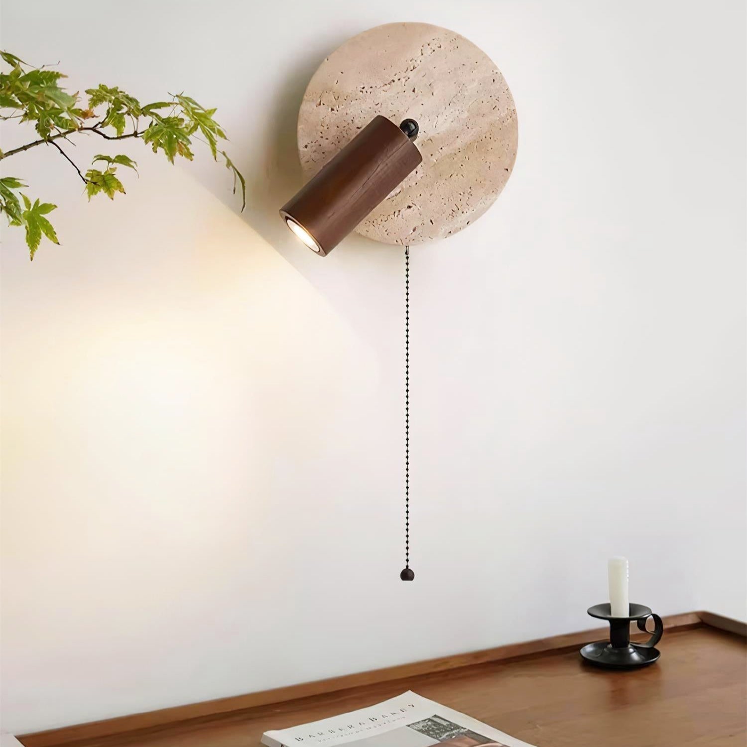 Travertine Wood Wall Sconce with Pull Chain