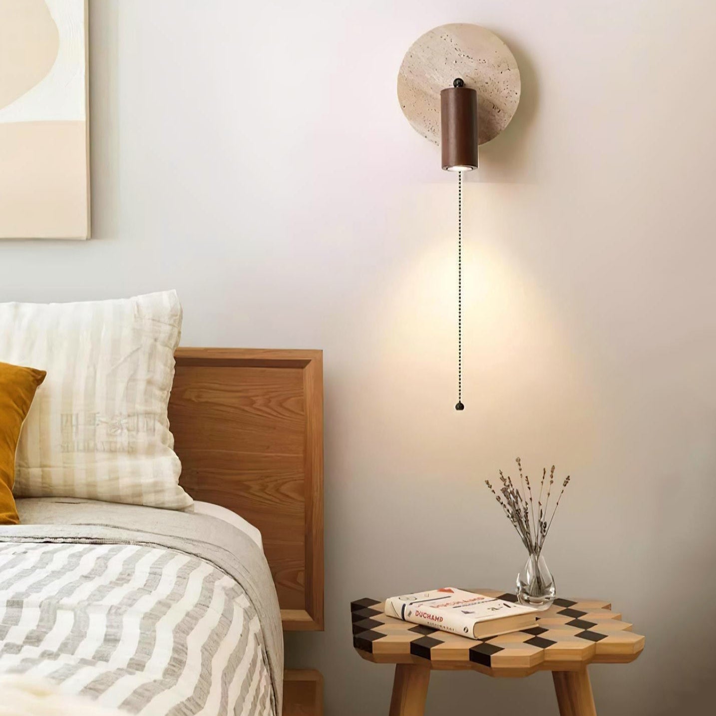 Travertine Wood Wall Sconce with Pull Chain