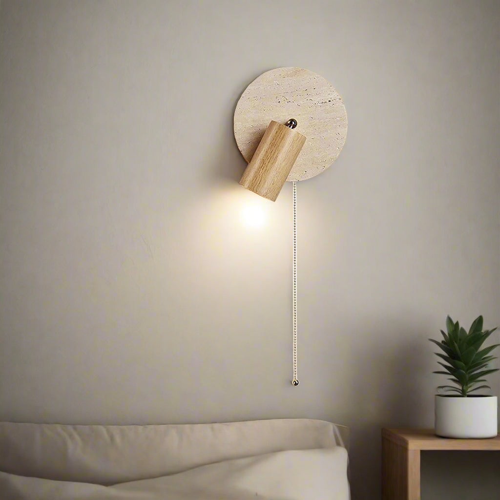 Travertine Wood Wall Sconce with Pull Chain