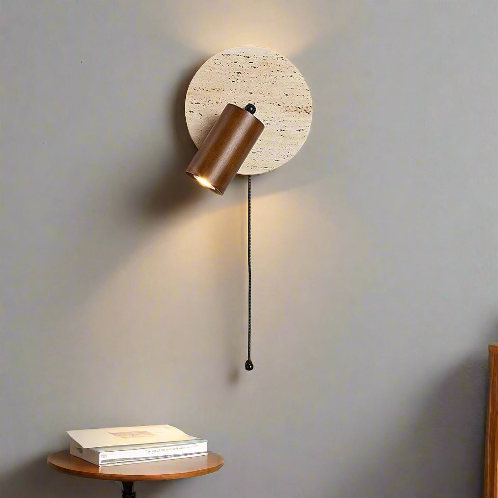 Travertine Wood Wall Sconce with Pull Chain