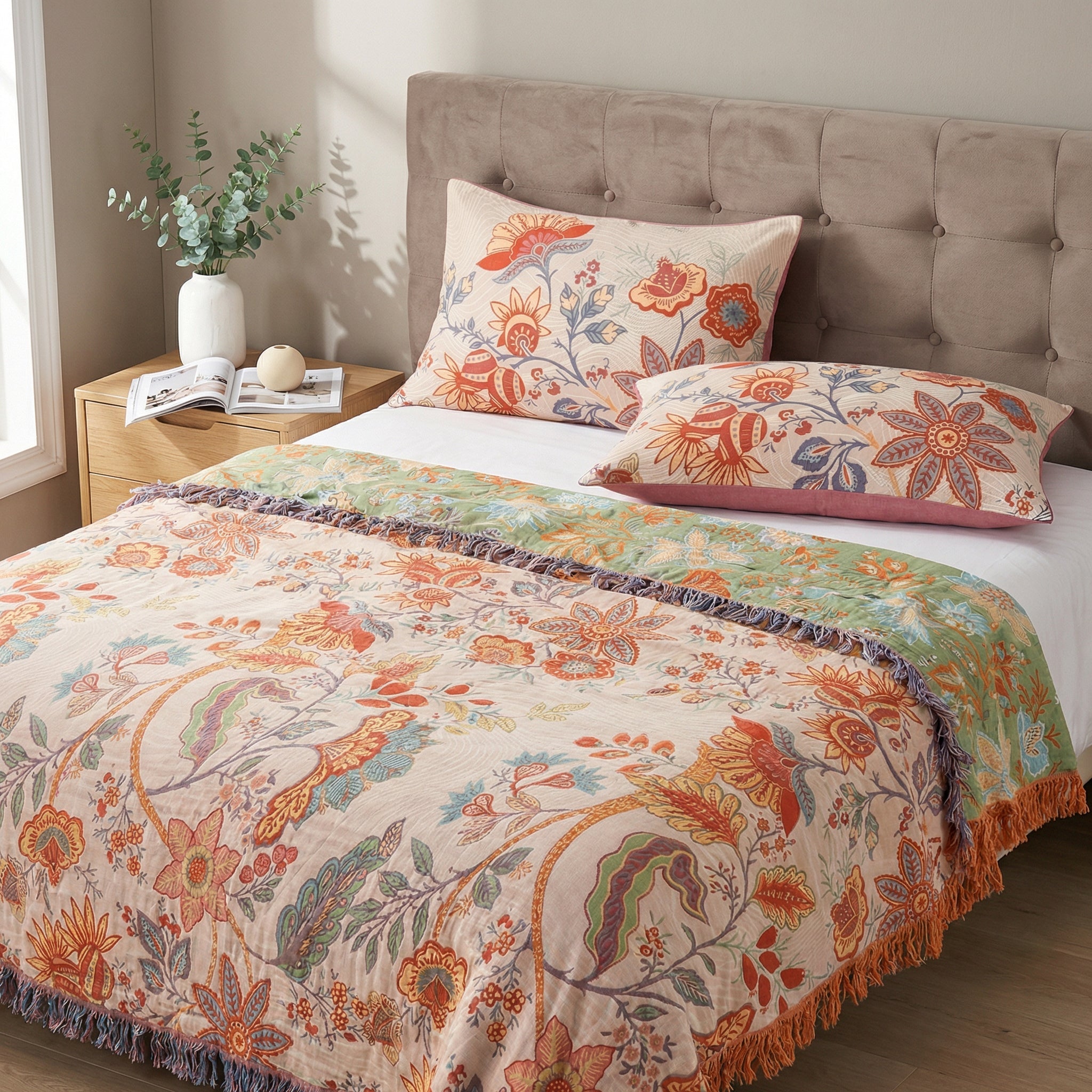 Rustic Floral Boho Cotton Pillowcases Pair