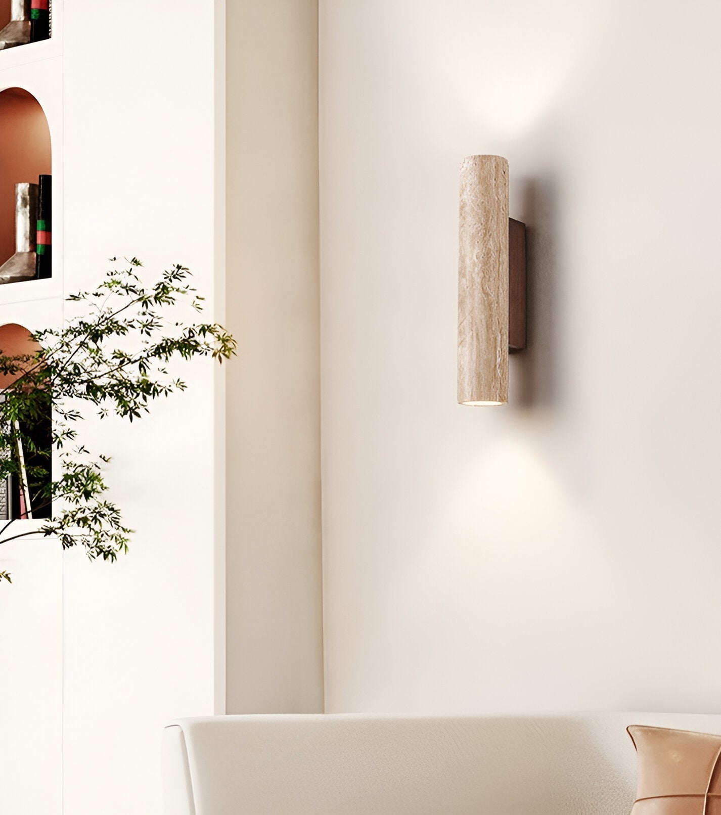Travertine Wall Sconce with Solid Wood Base