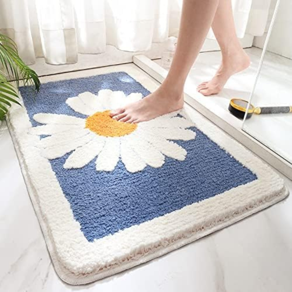 Sage Daisy Floral Bath Mat with Plush Pile