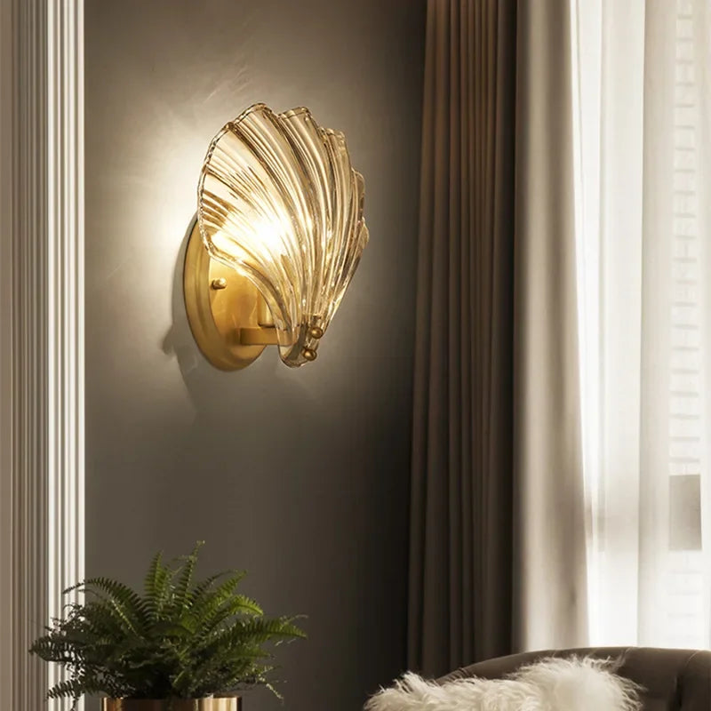 Art Deco Glass Seashell Wall Sconce in Brass