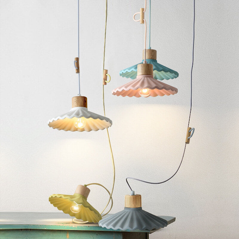 Scalloped Cement Pendant Light with Wood Cap