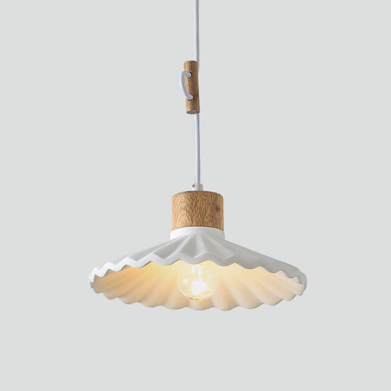 Scalloped Cement Pendant Light with Wood Cap