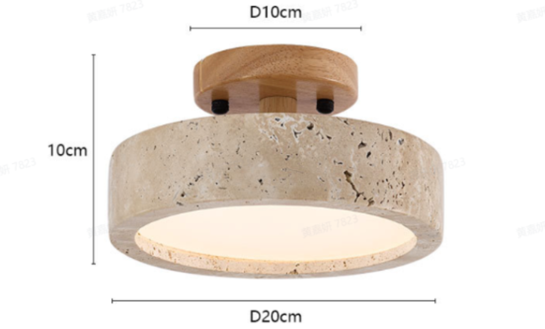 Round Travertine Ceiling Light with Wood Trim