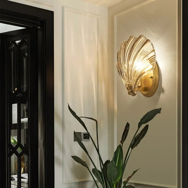 Art Deco Glass Seashell Wall Sconce in Brass