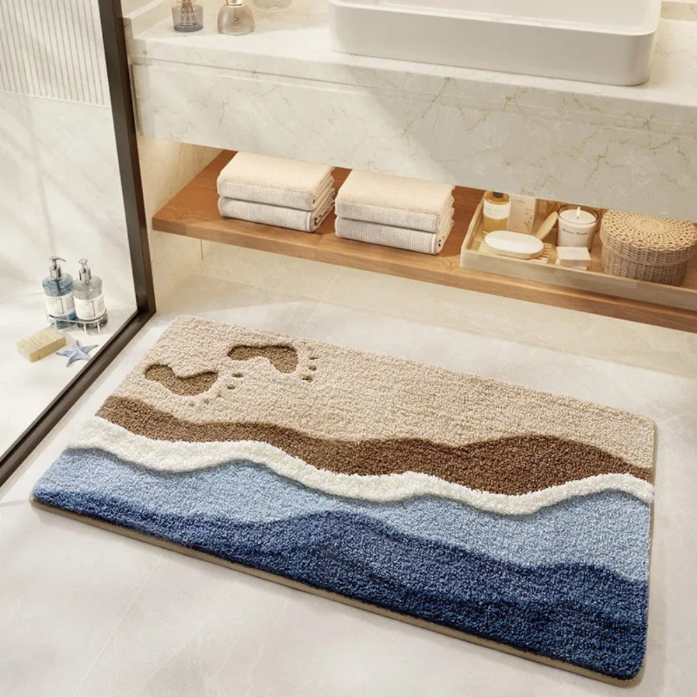 Bath mat with wave design in a bathroom setting