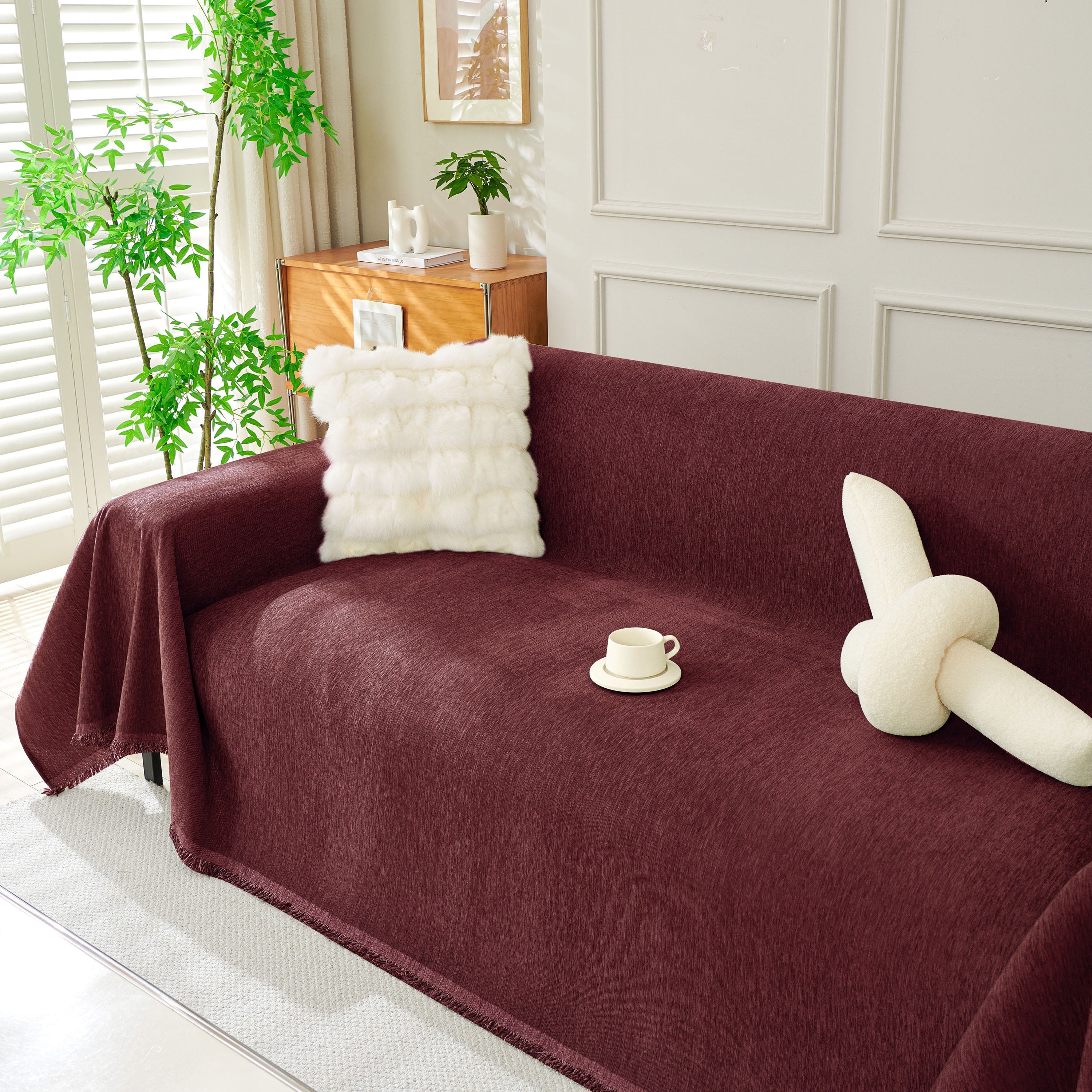 Solid Chenille Sofa Throw with Fringe Trim