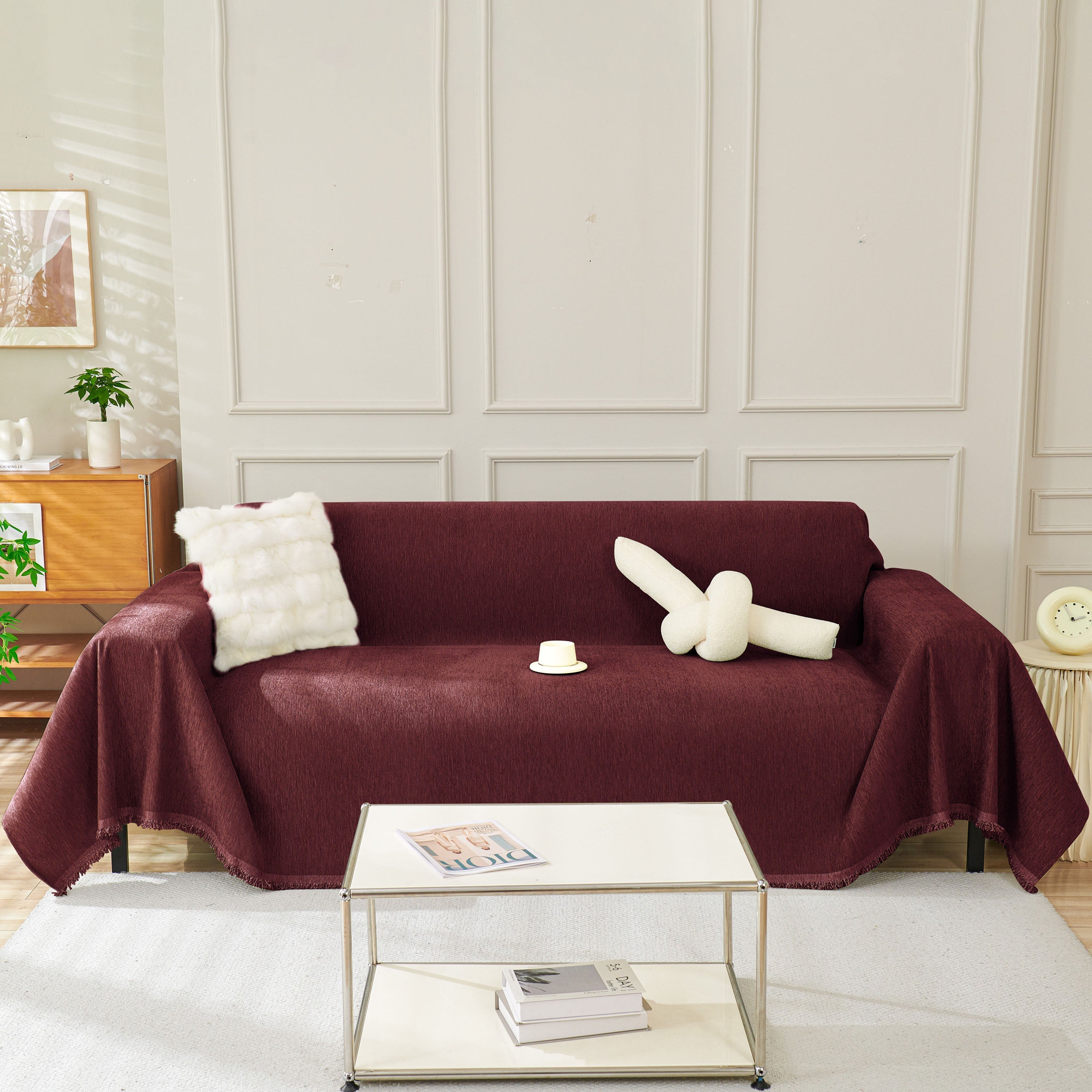 Solid Chenille Sofa Throw with Fringe Trim