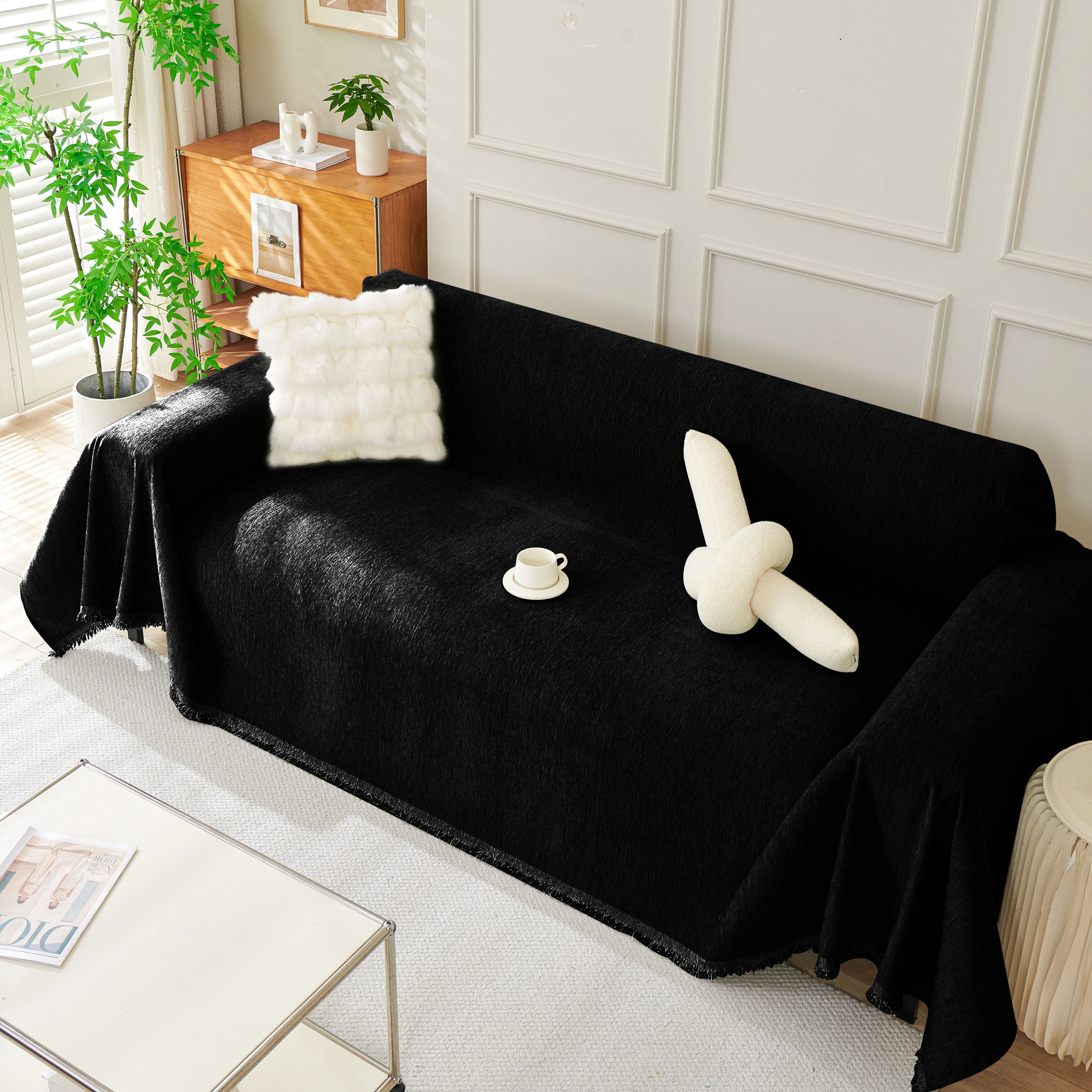 Solid Chenille Sofa Throw with Fringe Trim