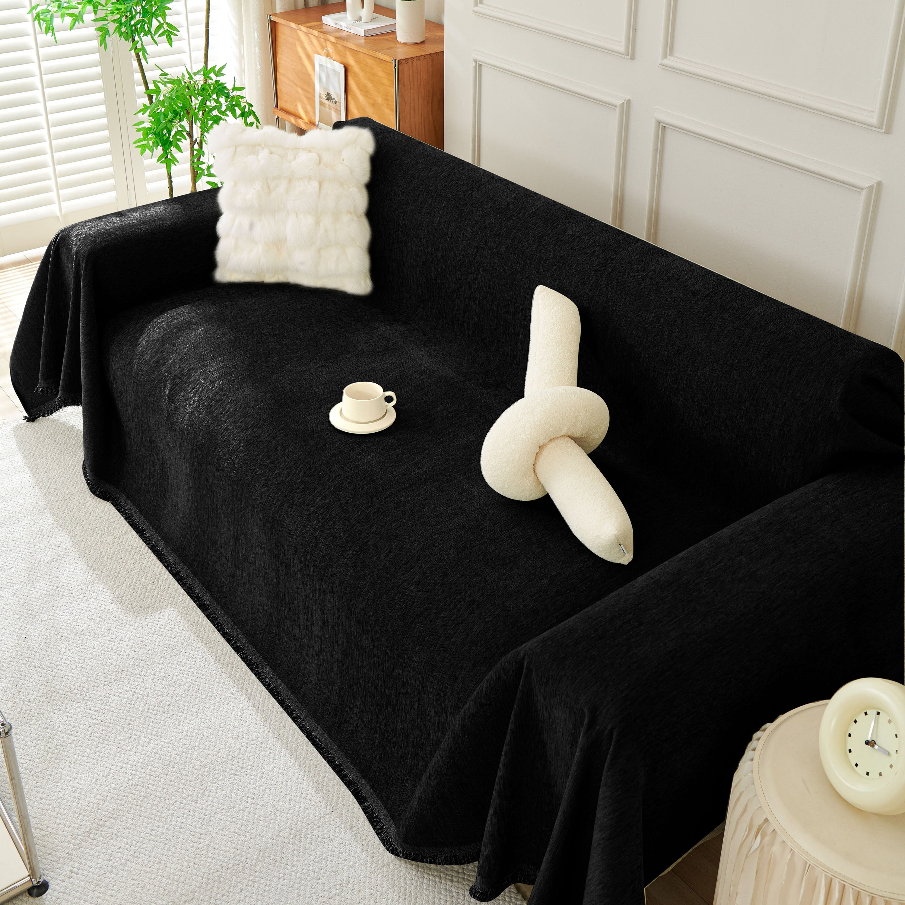 Solid Chenille Sofa Throw with Fringe Trim