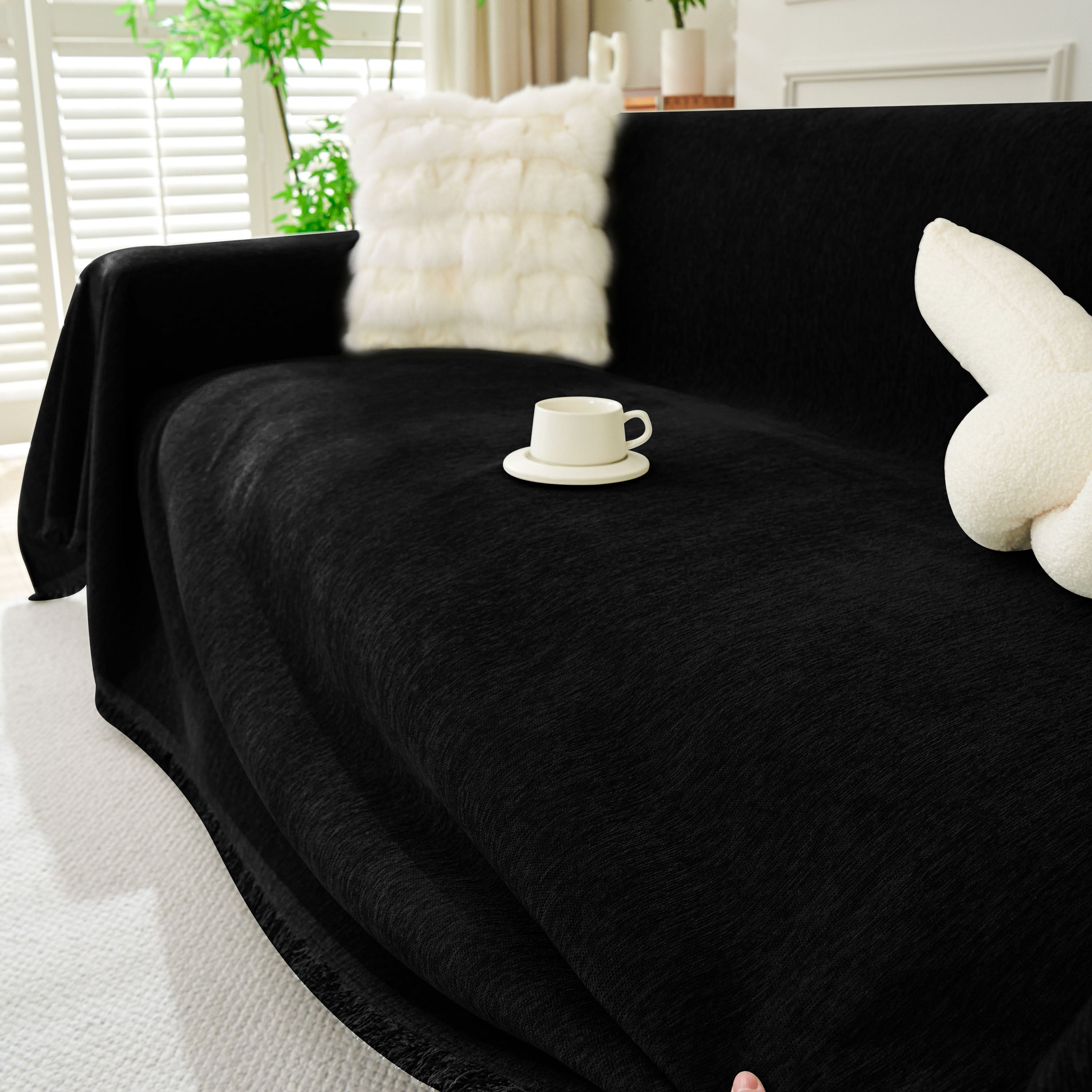 Solid Chenille Sofa Throw with Fringe Trim
