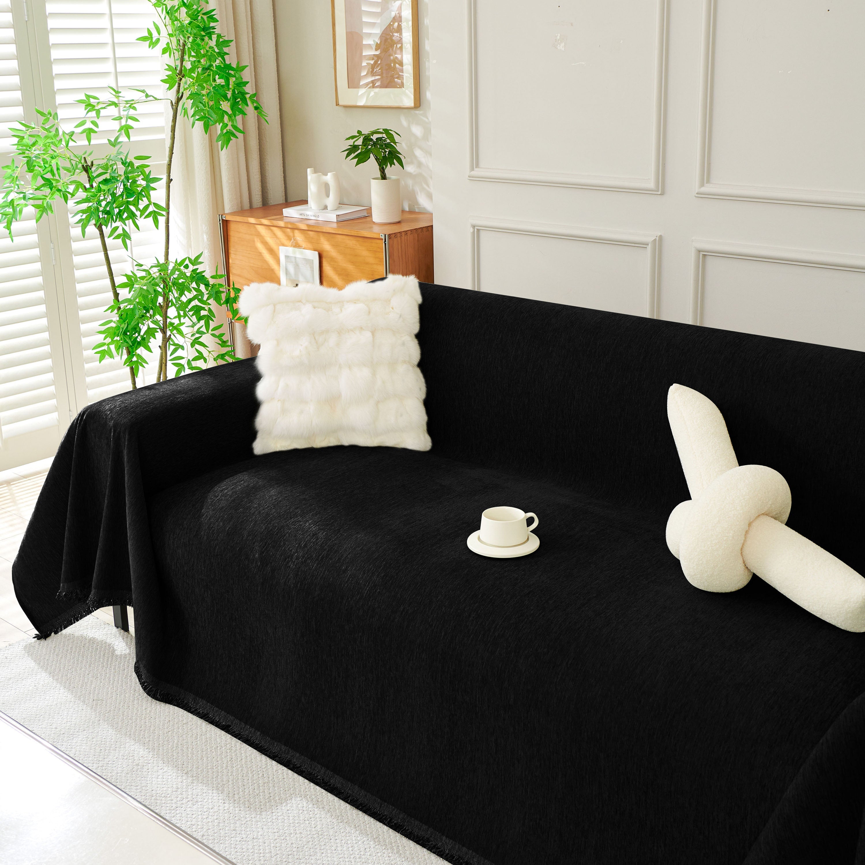 Solid Chenille Sofa Throw with Fringe Trim