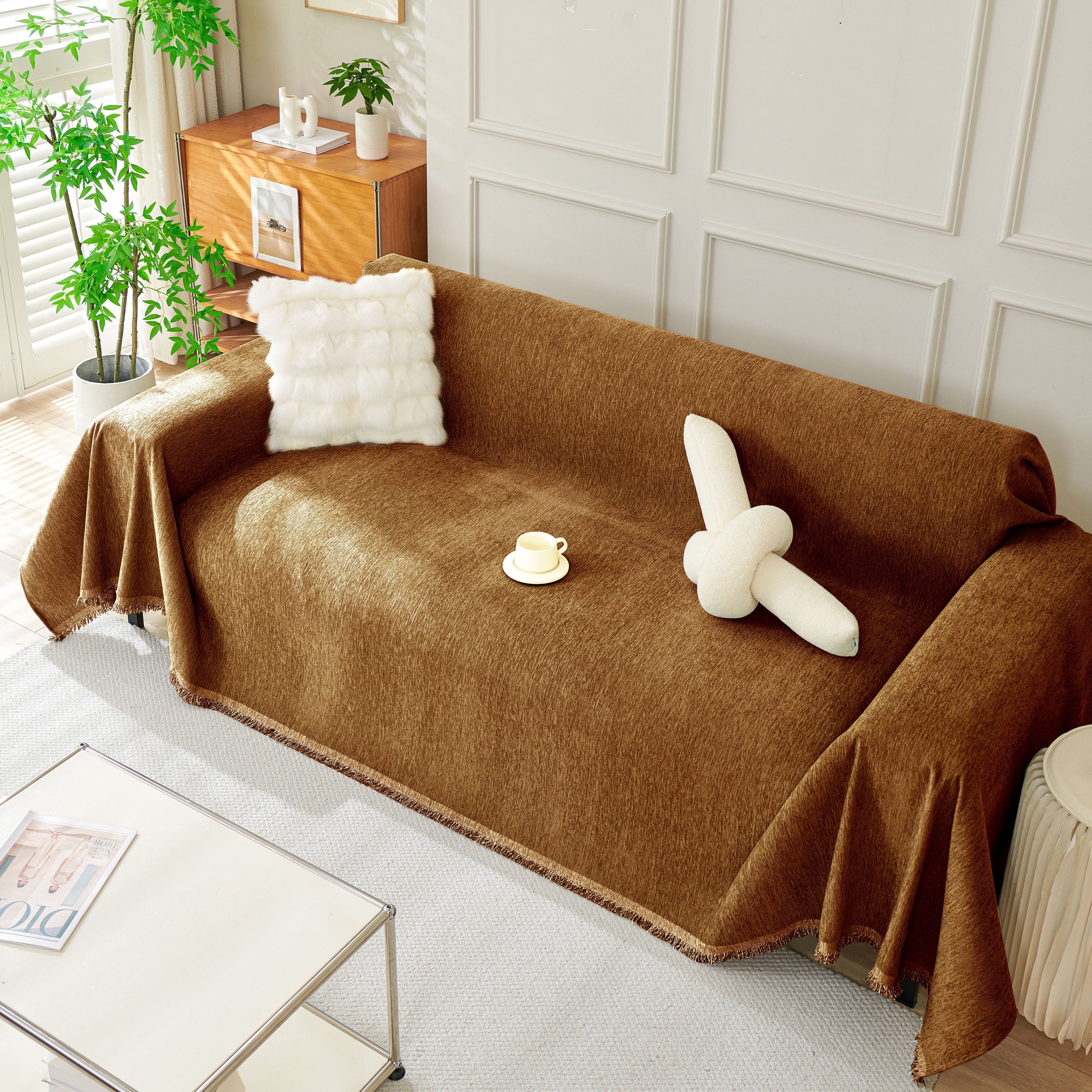 Solid Chenille Sofa Throw with Fringe Trim