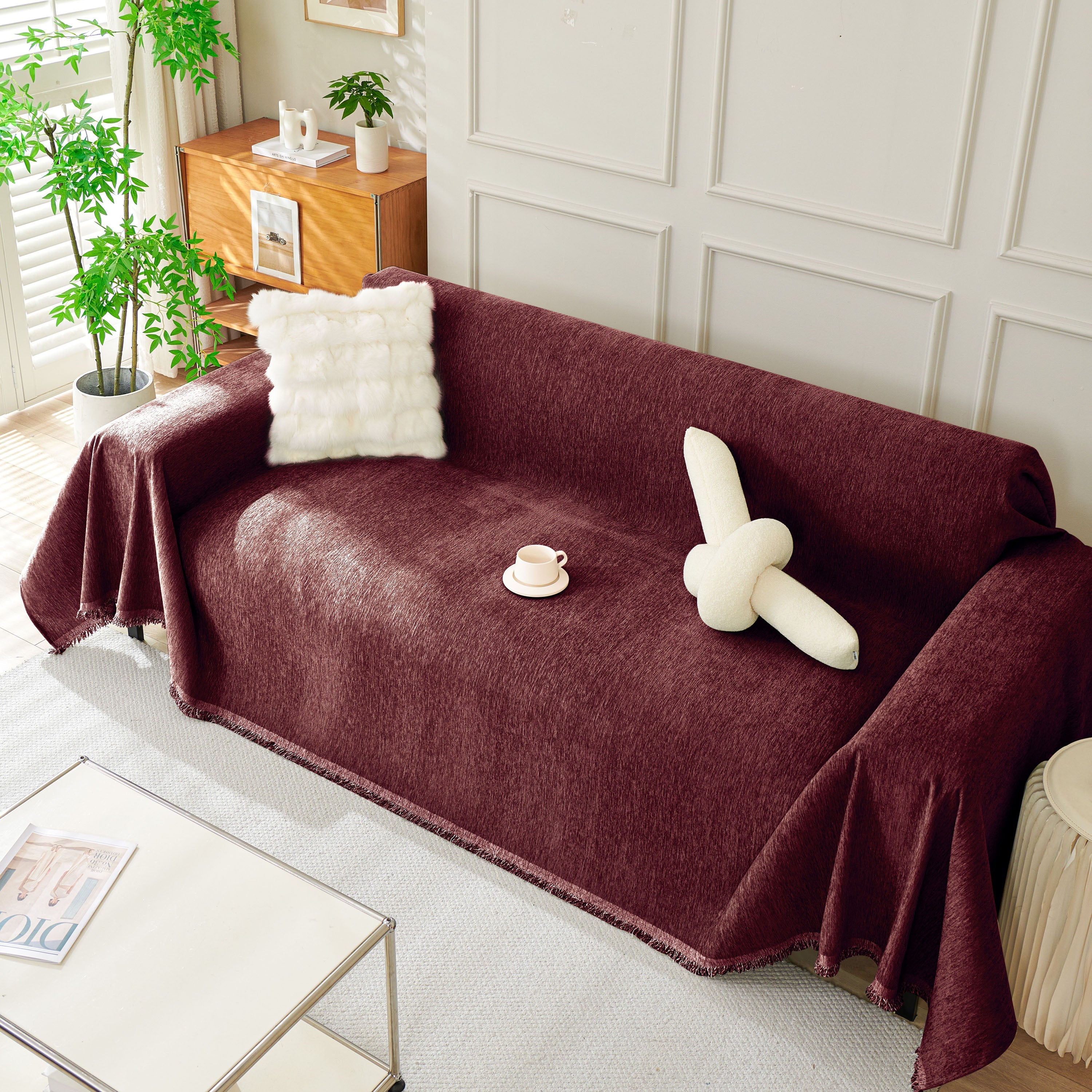 Solid Chenille Sofa Throw with Fringe Trim