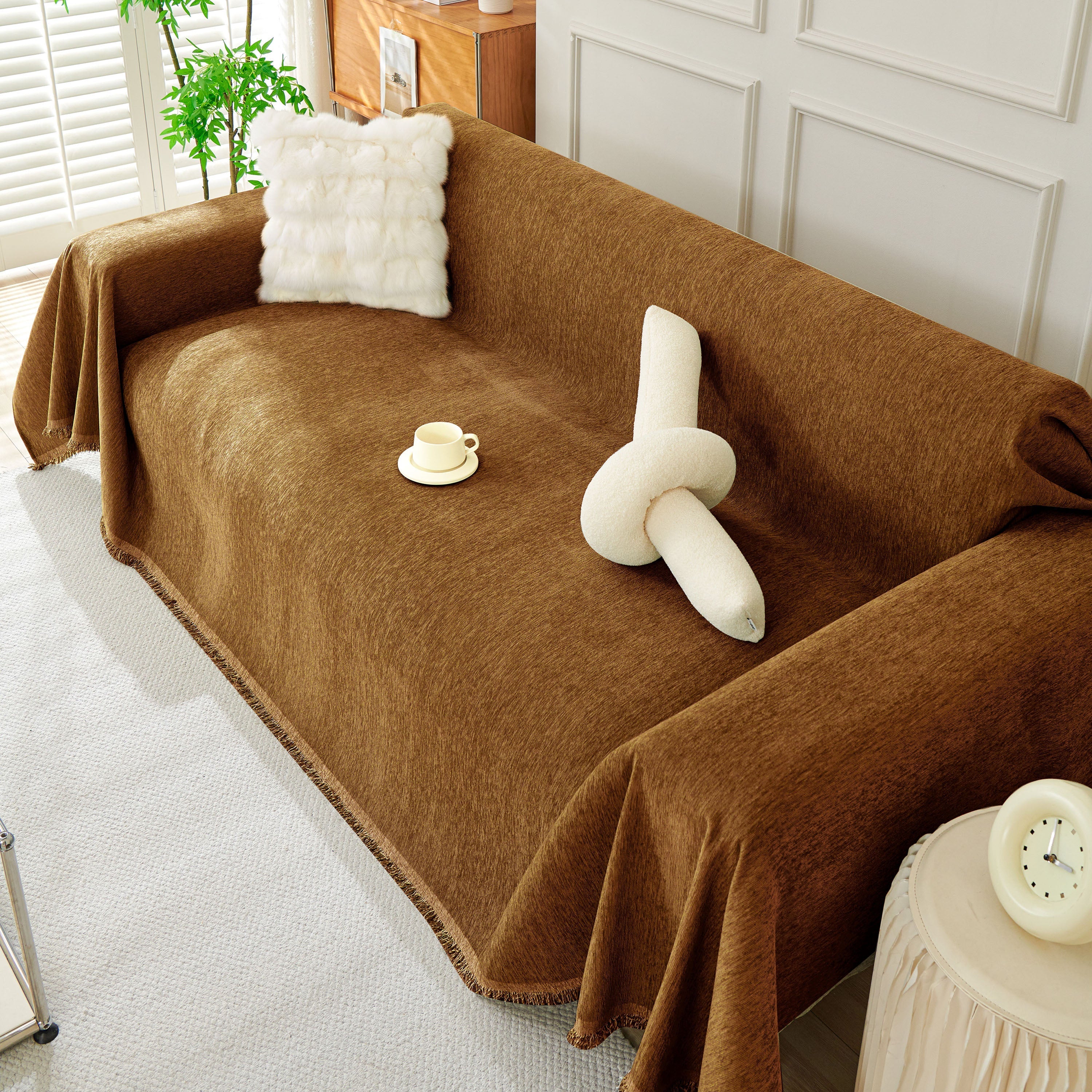 Solid Chenille Sofa Throw with Fringe Trim