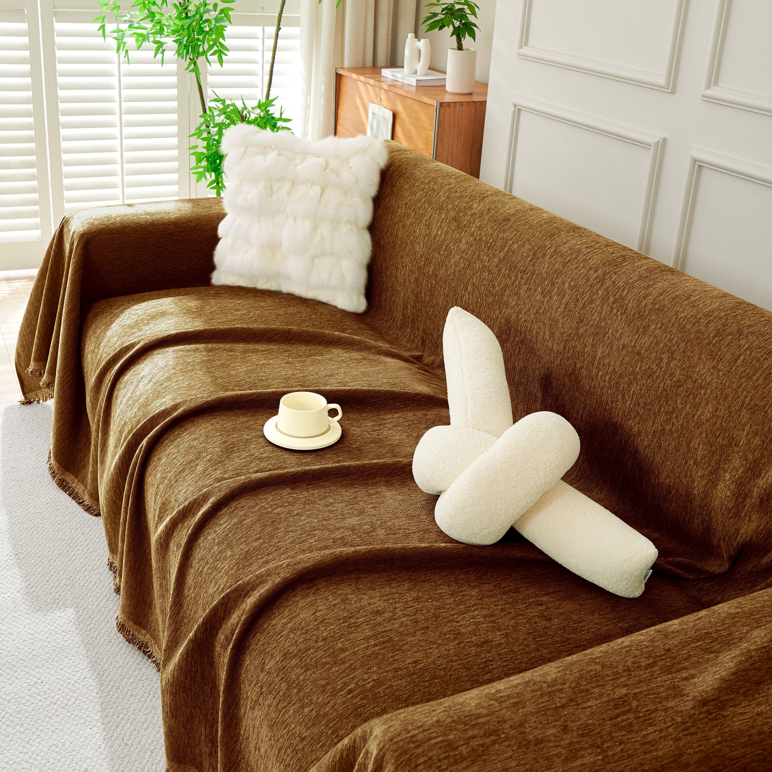 Solid Chenille Sofa Throw with Fringe Trim
