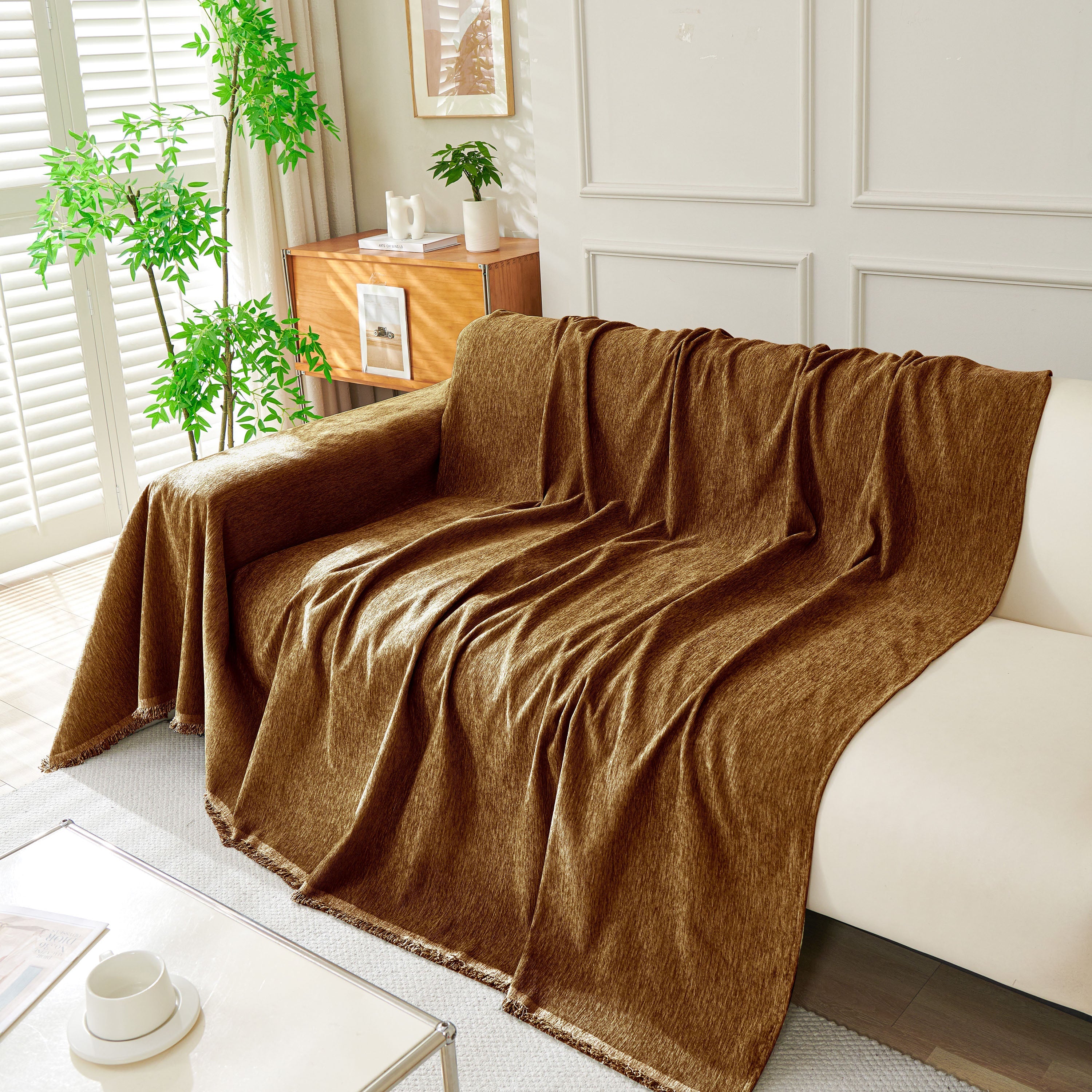 Solid Chenille Sofa Throw with Fringe Trim