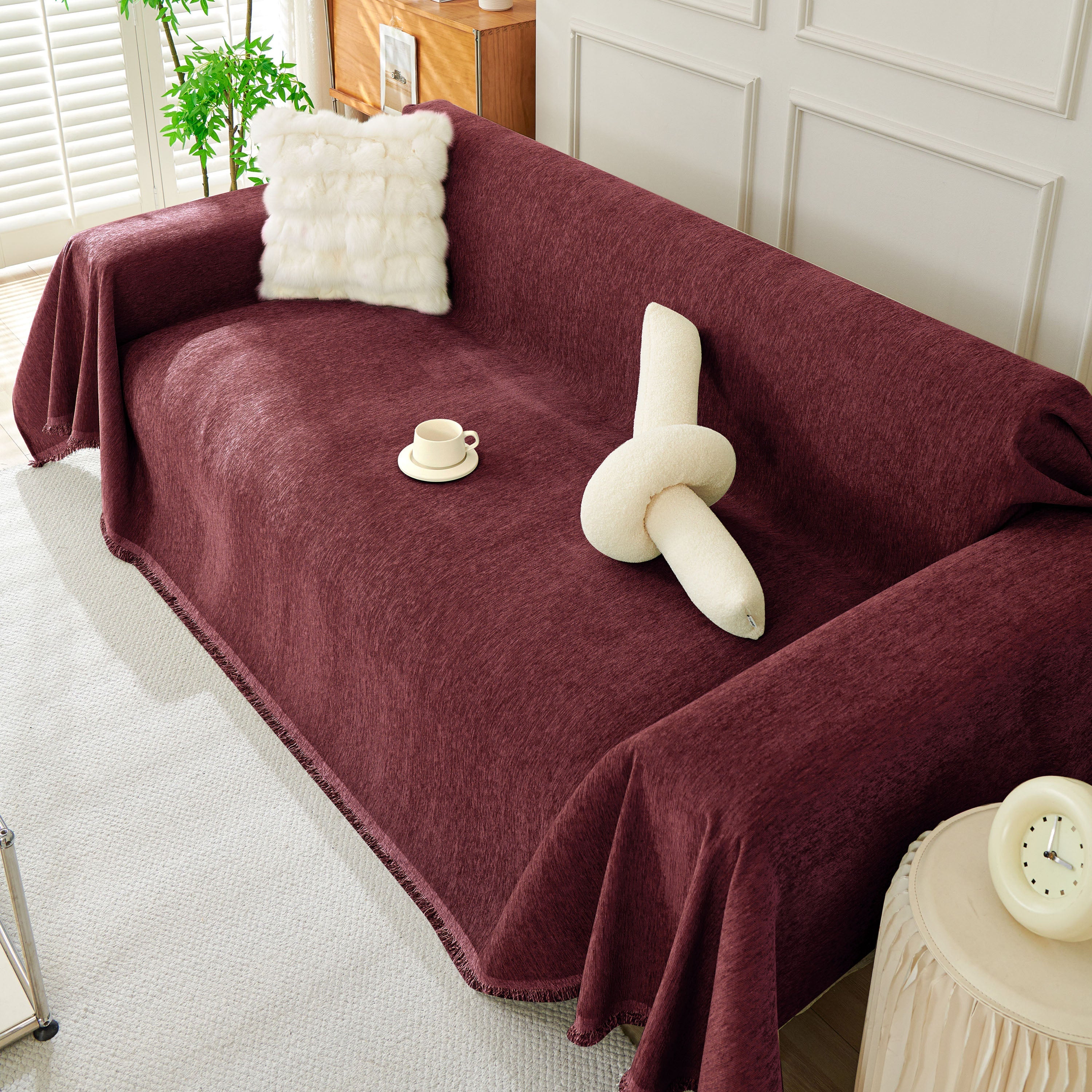 Solid Chenille Sofa Throw with Fringe Trim